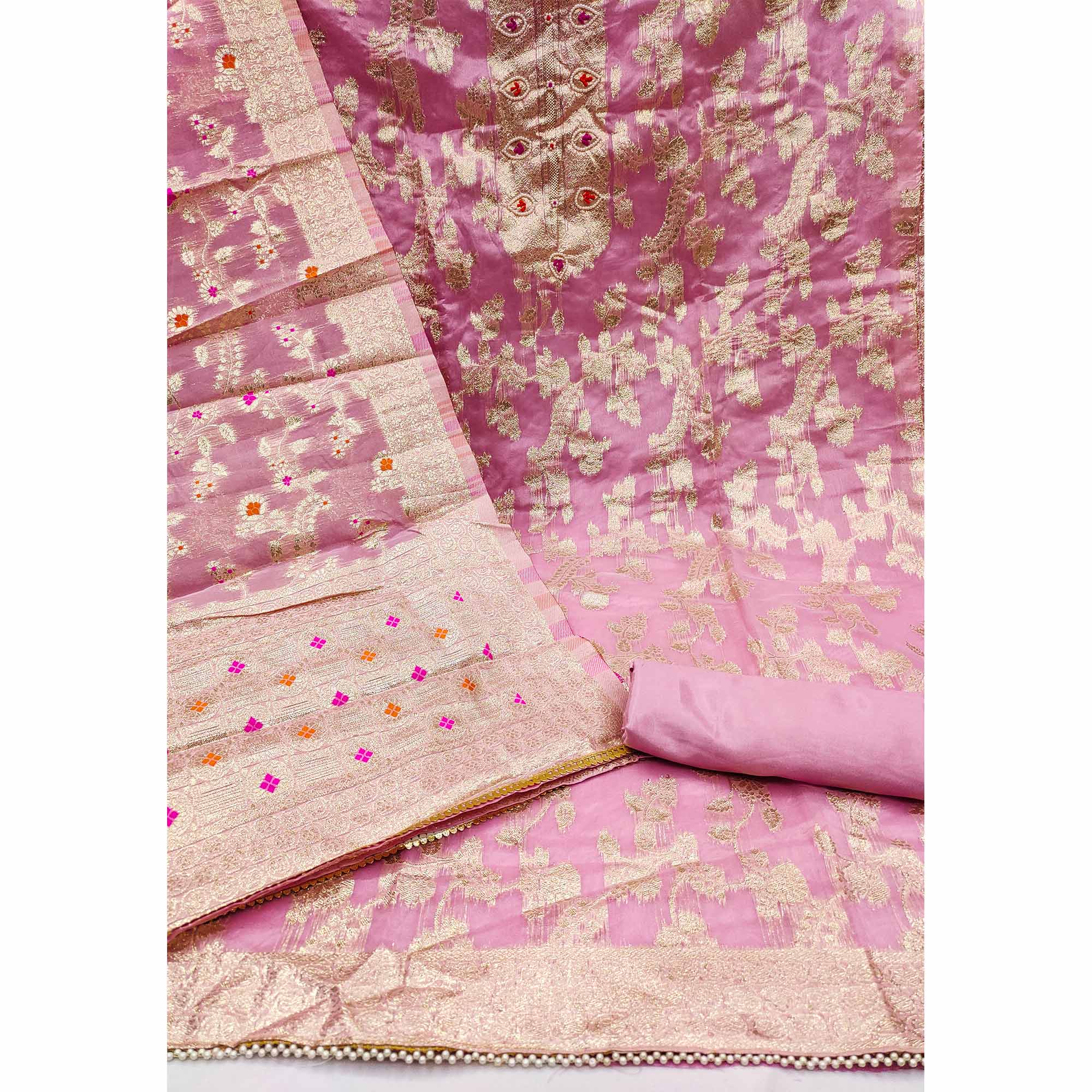 Pink Floral Woven Chanderi Silk Dress Material - Image 2