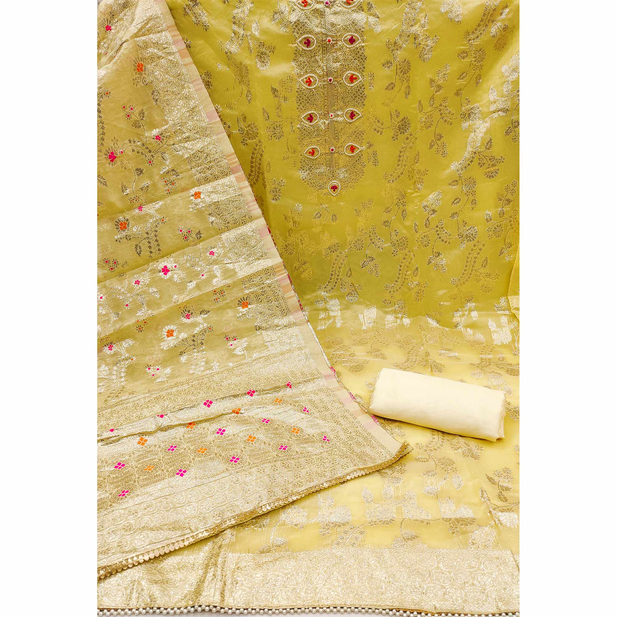 Yellow Floral Woven Chanderi Silk Dress Material - Image 2