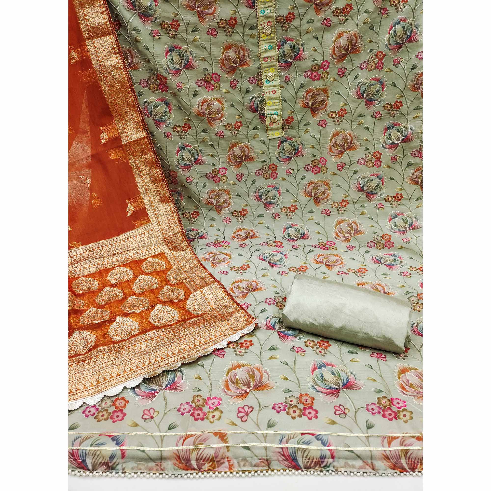 Sea Green Floral Printed Organza Dress Material - Image 2