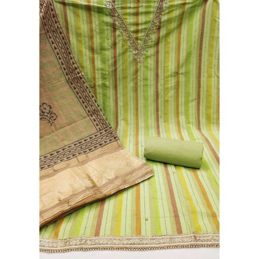 Green Striped Pure Cotton Dress Material - Image 2