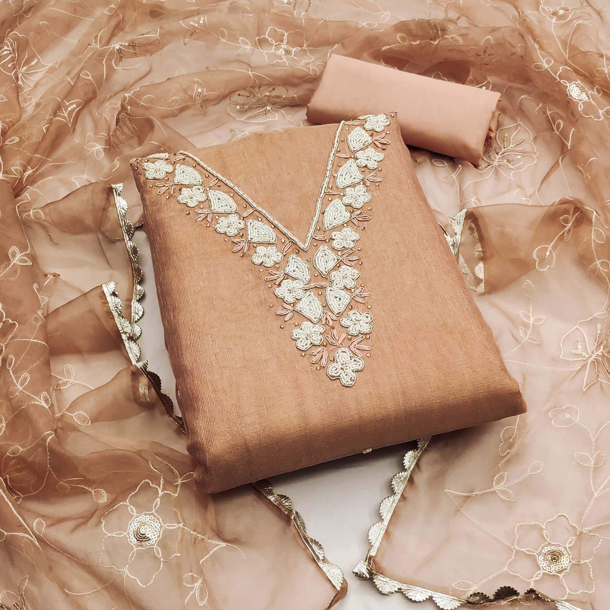 Dusty Peach Embroidered Moti Work Pure Cotton Dress Material