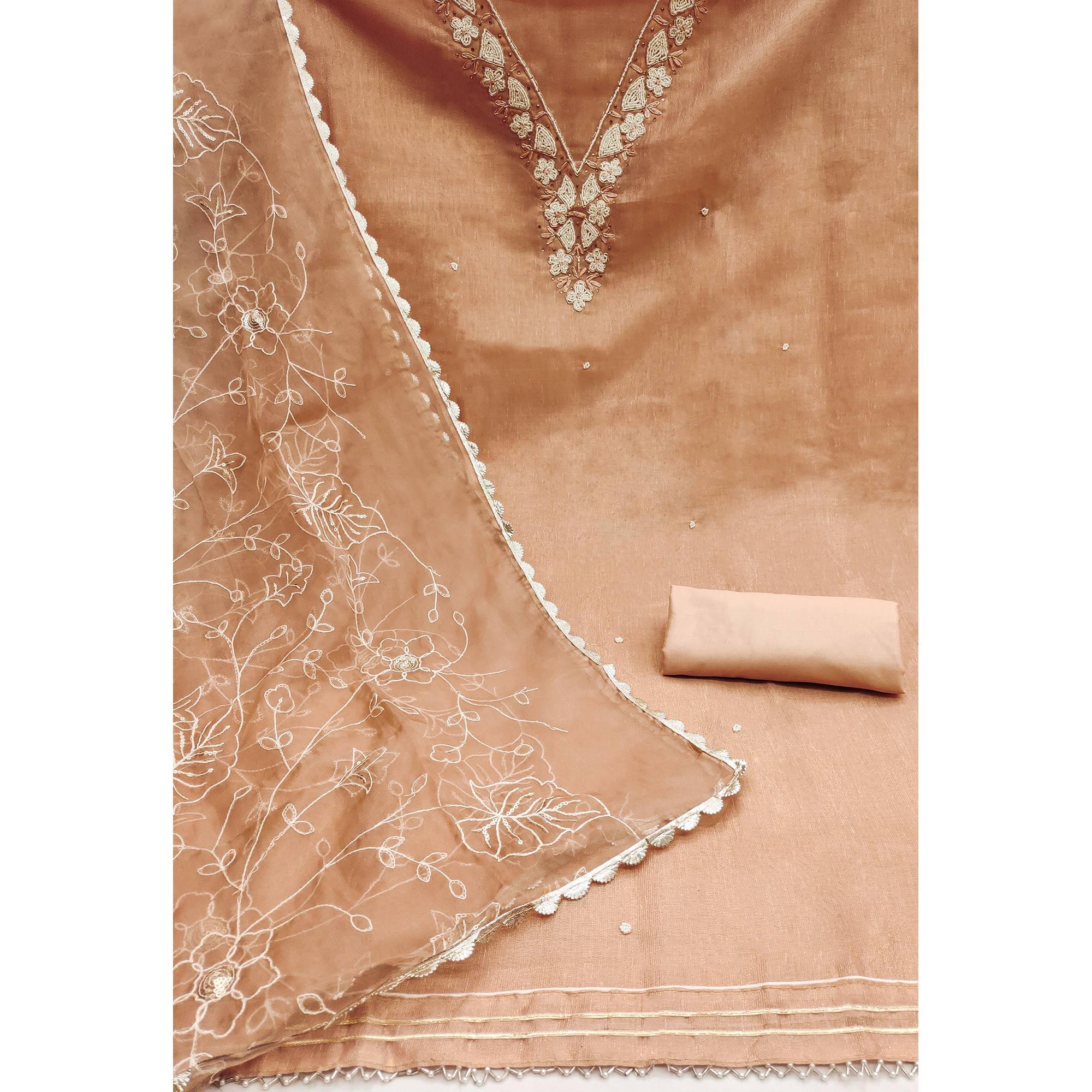 Dusty Peach Embroidered Moti Work Pure Cotton Dress Material - Image 2