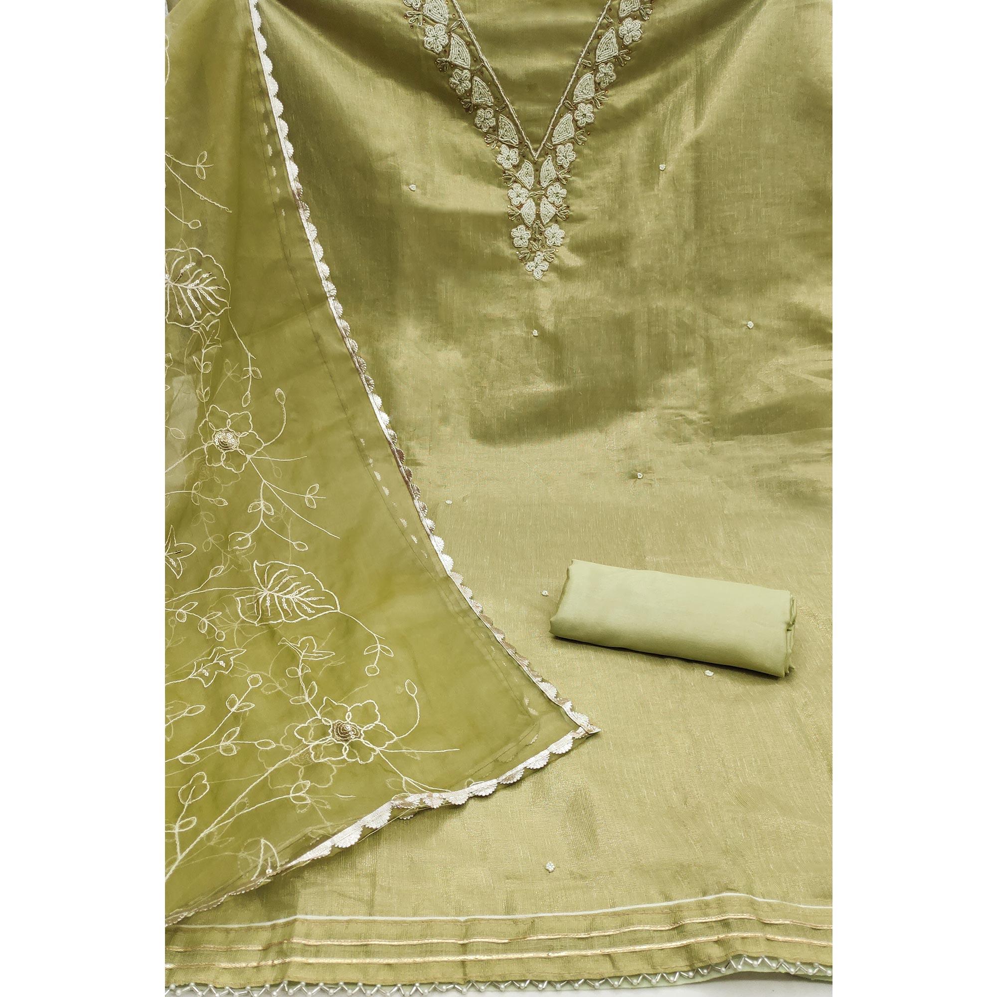 Green Embroidered Moti Work Pure Cotton Dress Material - Image 2