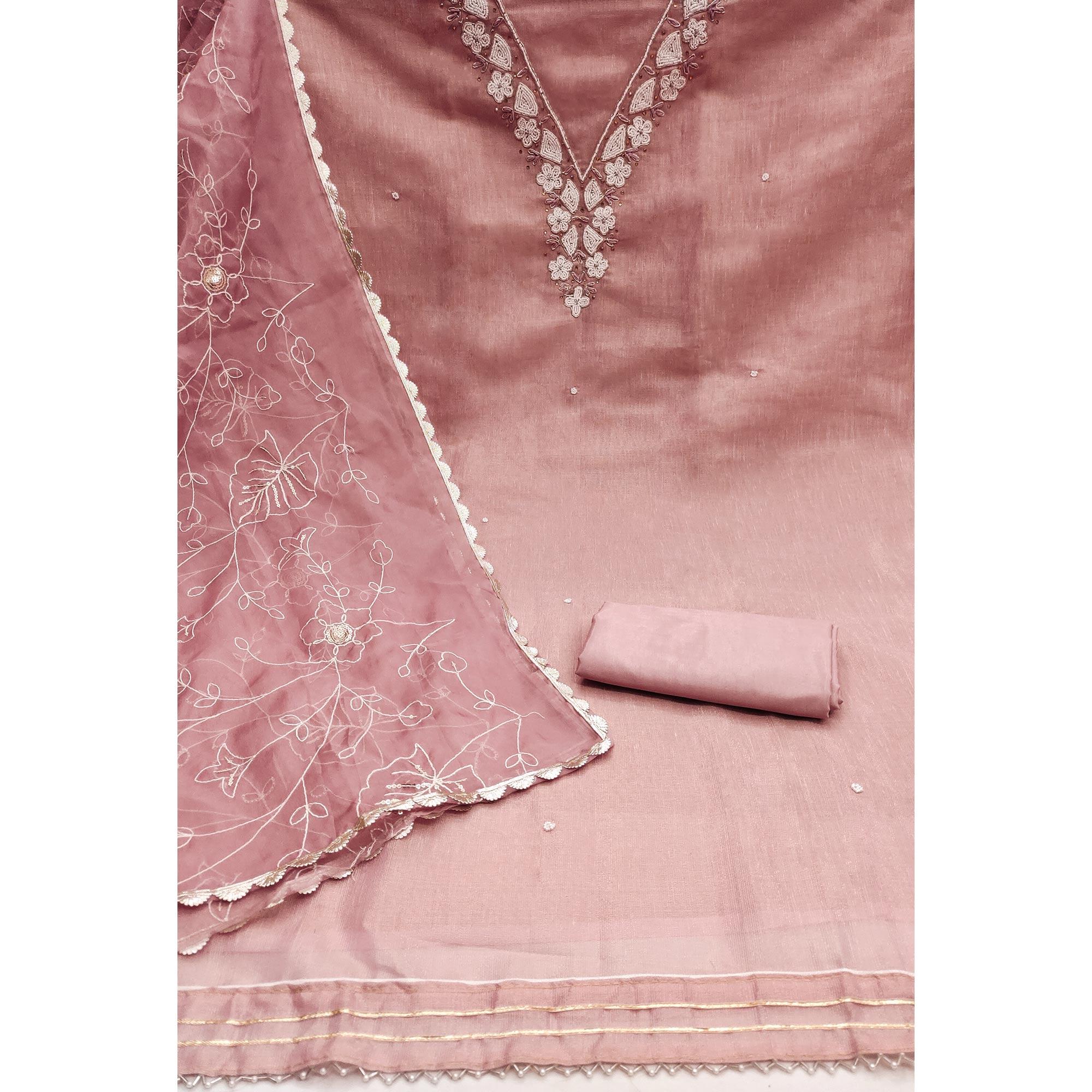 Mauve Embroidered Moti Work Pure Cotton Dress Material - Image 2