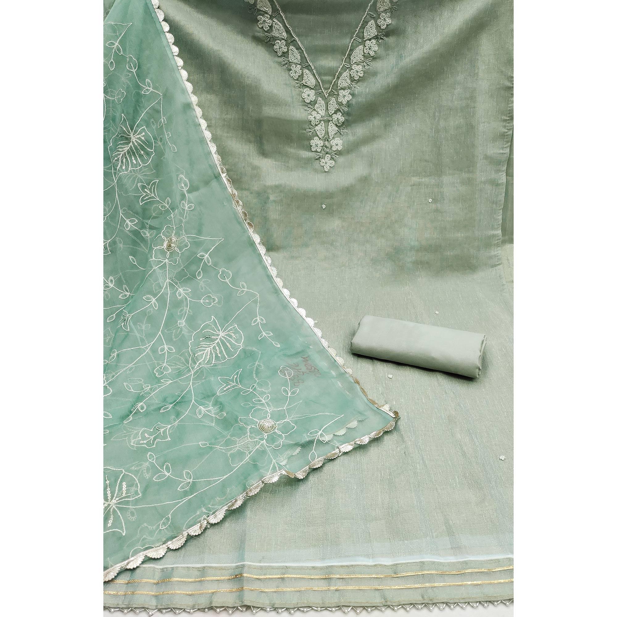 Sea Green Embroidered Moti Work Pure Cotton Dress Material - Image 2