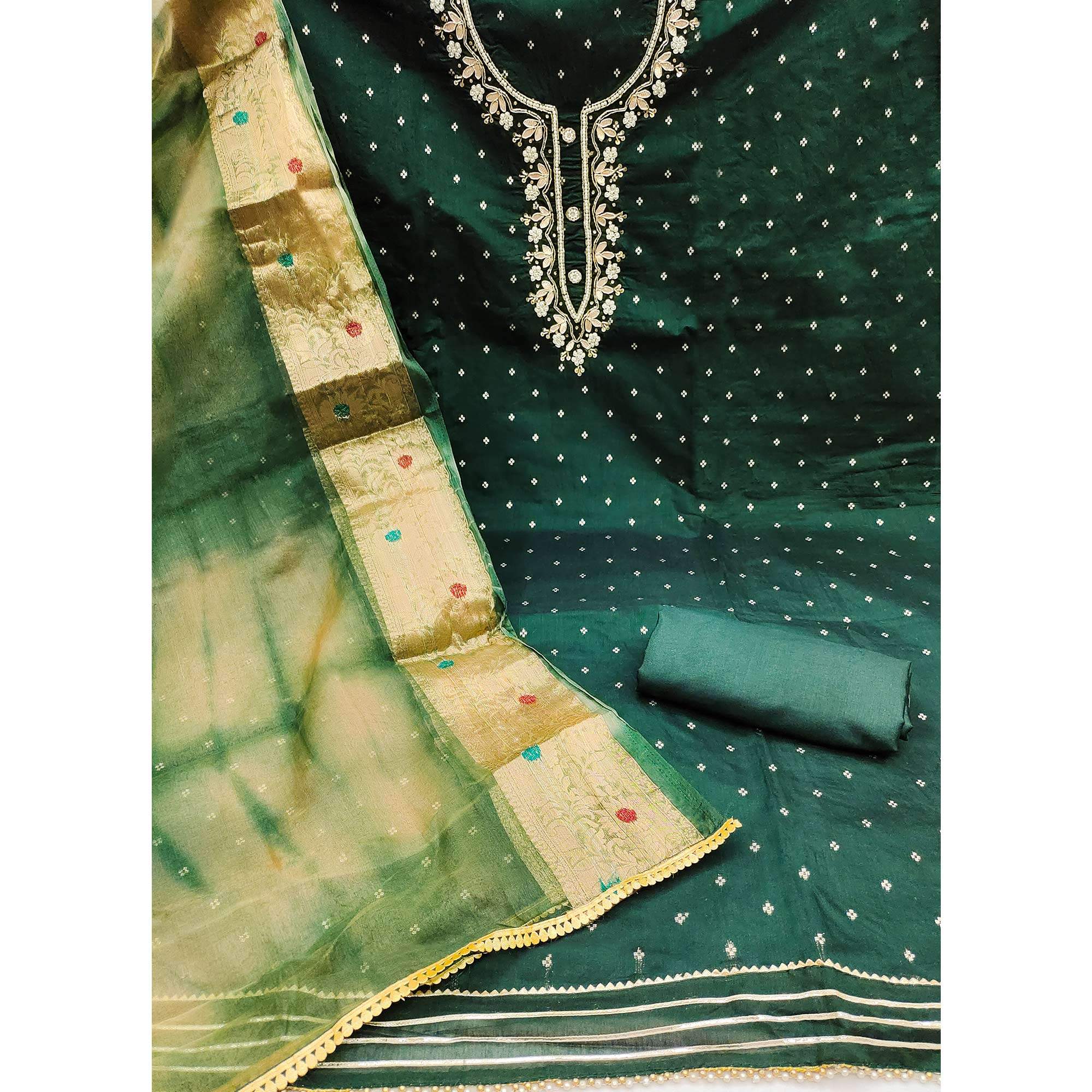 Green Woven With Handwork Chanderi Silk Dress Material - Image 2