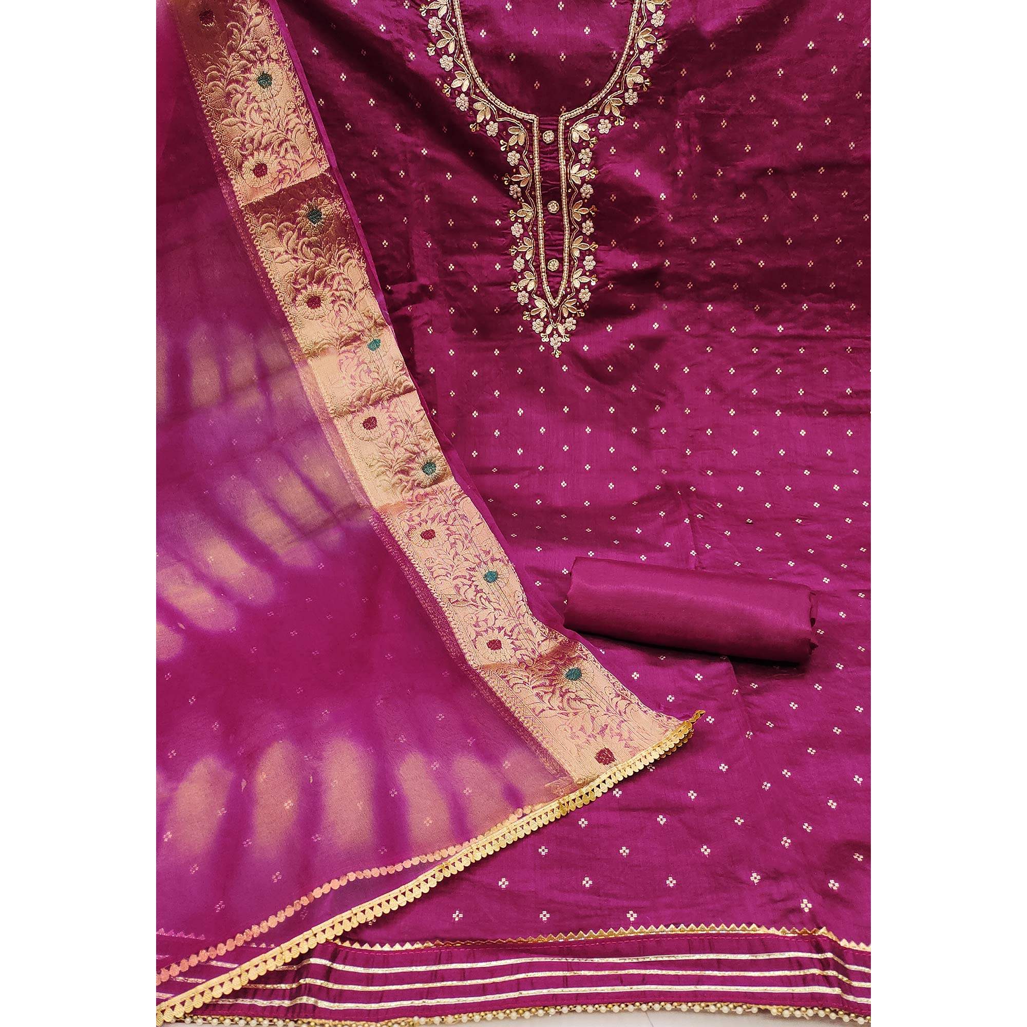 Magenta Woven With Handwork Chanderi Silk Dress Material - Image 2