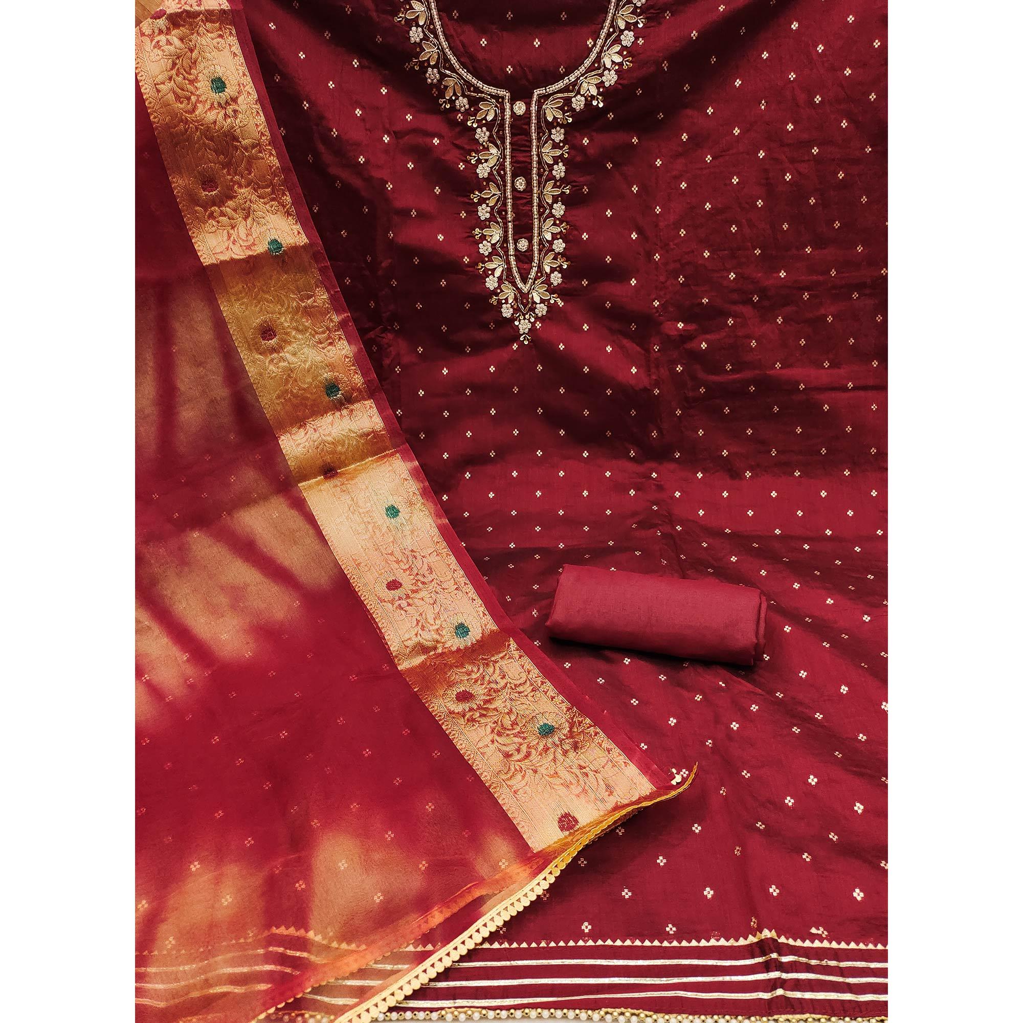 Maroon Woven With Handwork Chanderi Silk Dress Material - Image 2