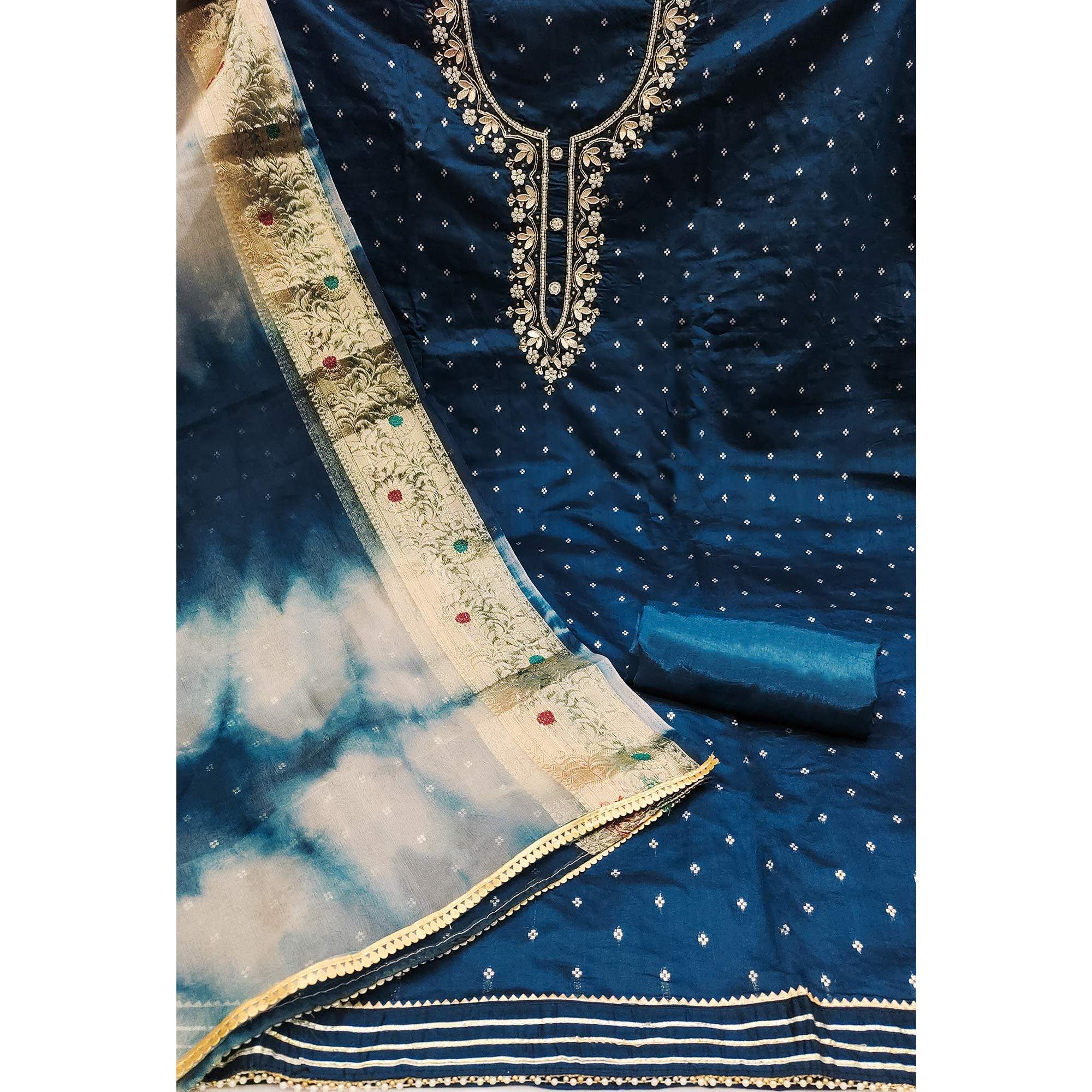 Morpich Woven With Handwork Chanderi Silk Dress Material - Image 2