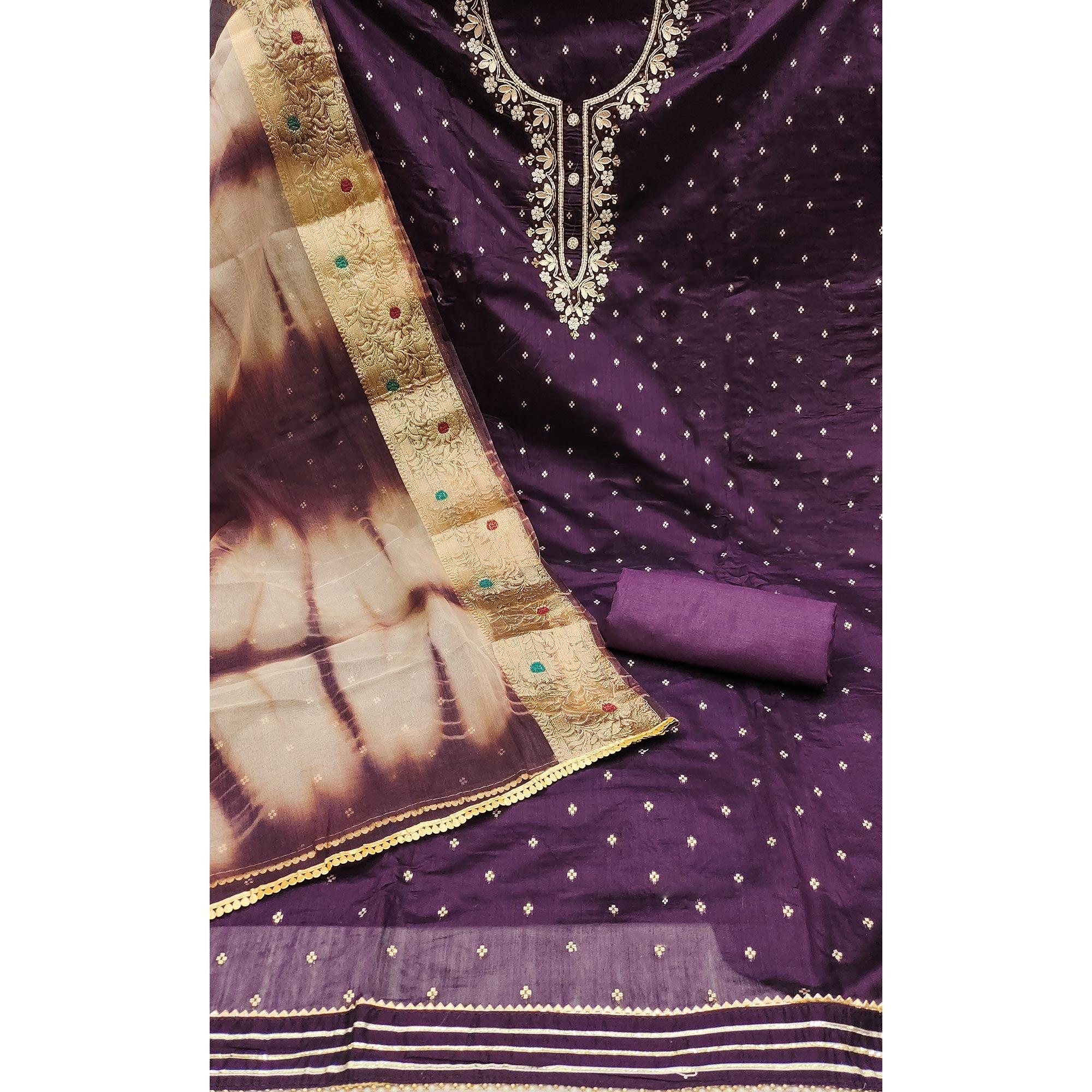 Purple Woven With Handwork Chanderi Silk Dress Material - Image 2