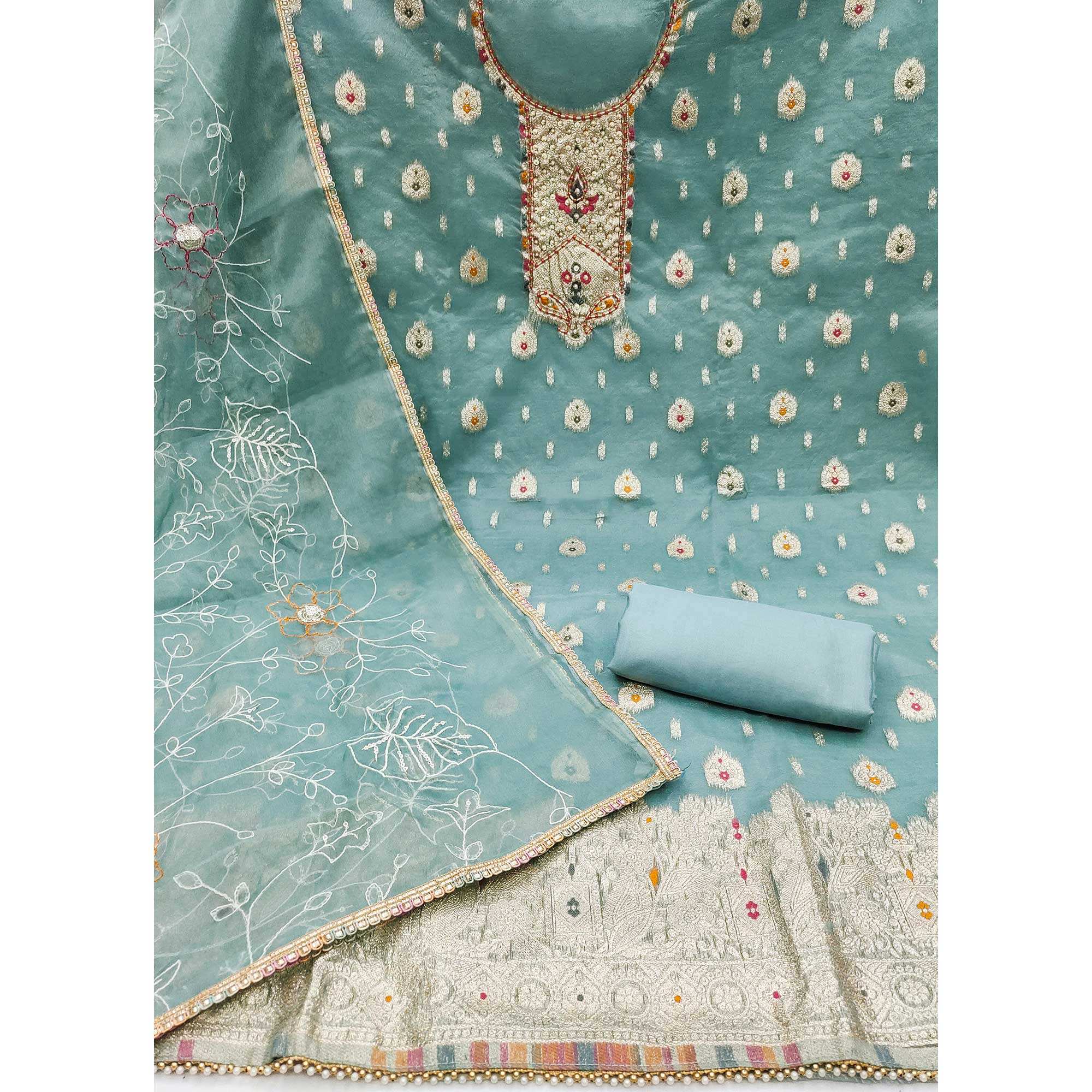 Blue Woven With Handwork Organza Dress Material - Image 2