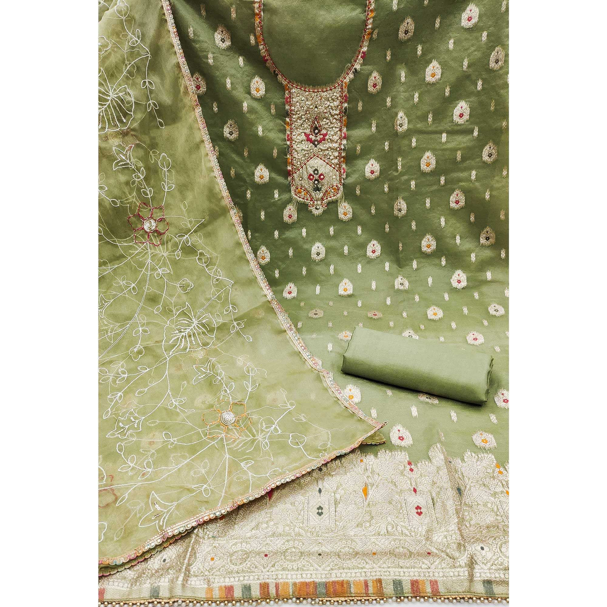 Green Woven With Handwork Organza Dress Material - Image 2