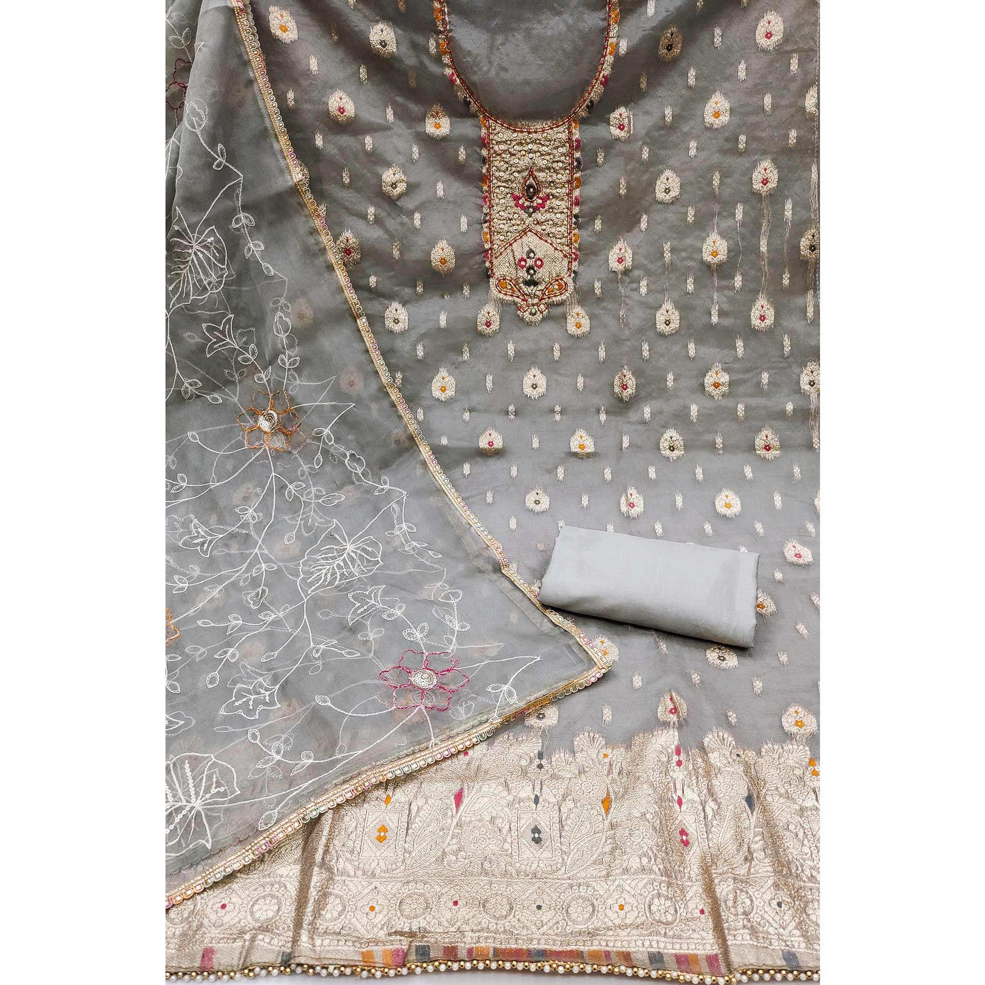 Grey Woven With Handwork Organza Dress Material - Image 2