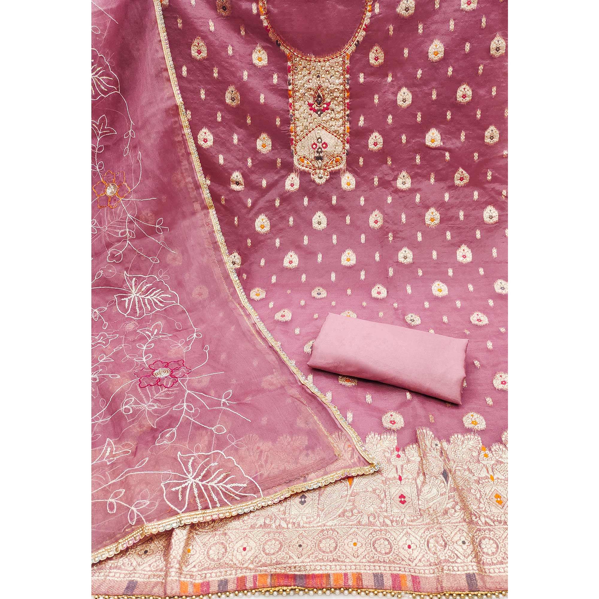 Pink Woven With Handwork Organza Dress Material - Image 2