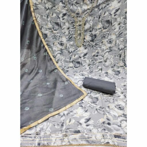 Grey Floral Printed With Handwork Pure Cotton Dress Material - Image 2