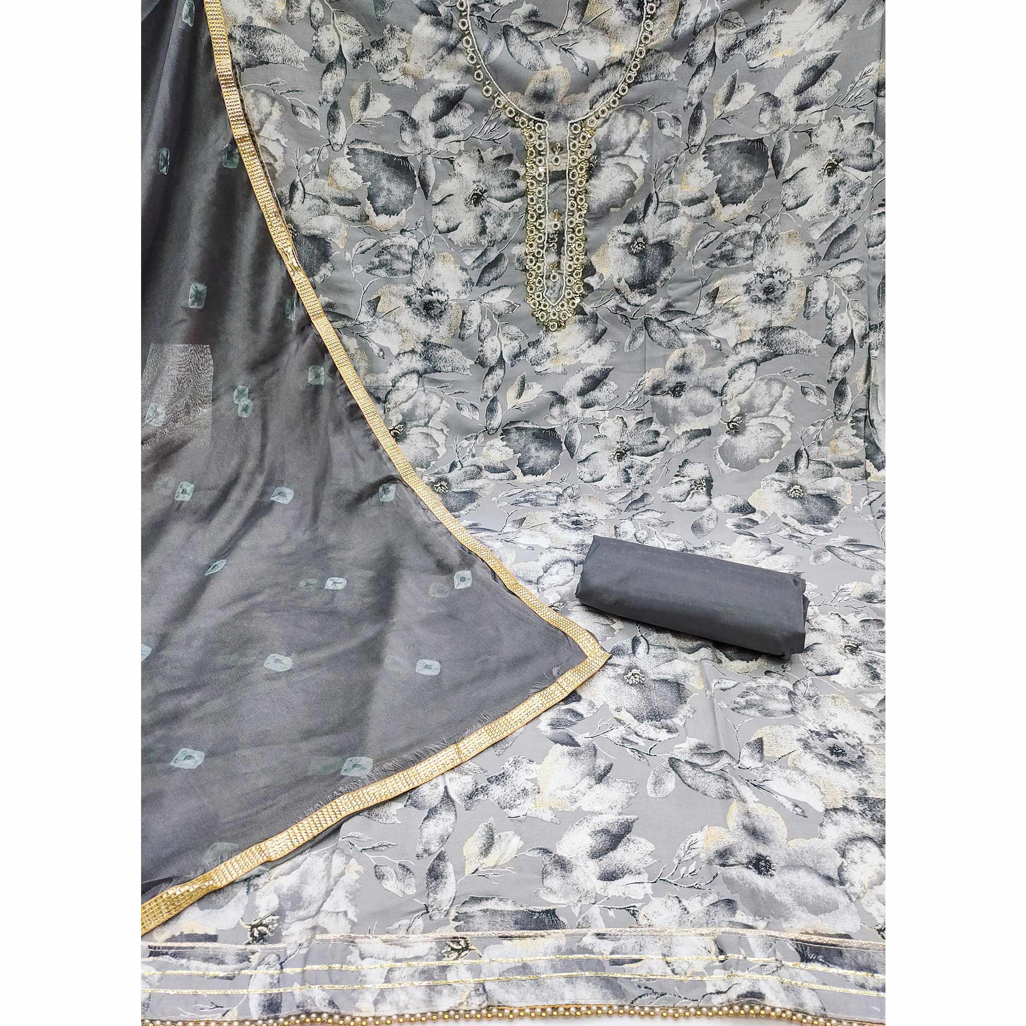 Grey Floral Printed With Handwork Pure Cotton Dress Material - Image 2