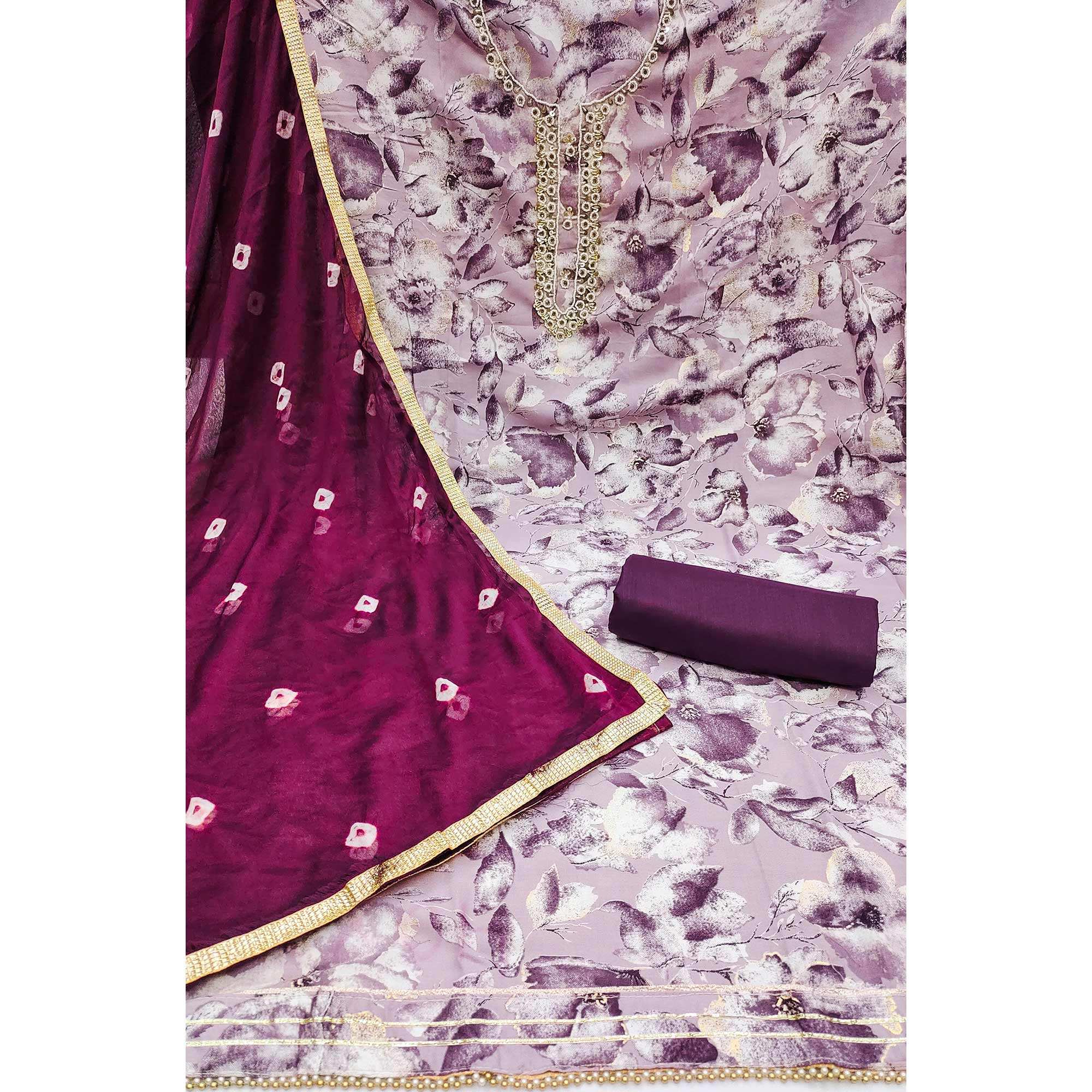 Purple Floral Printed With Handwork Pure Cotton Dress Material - Image 2