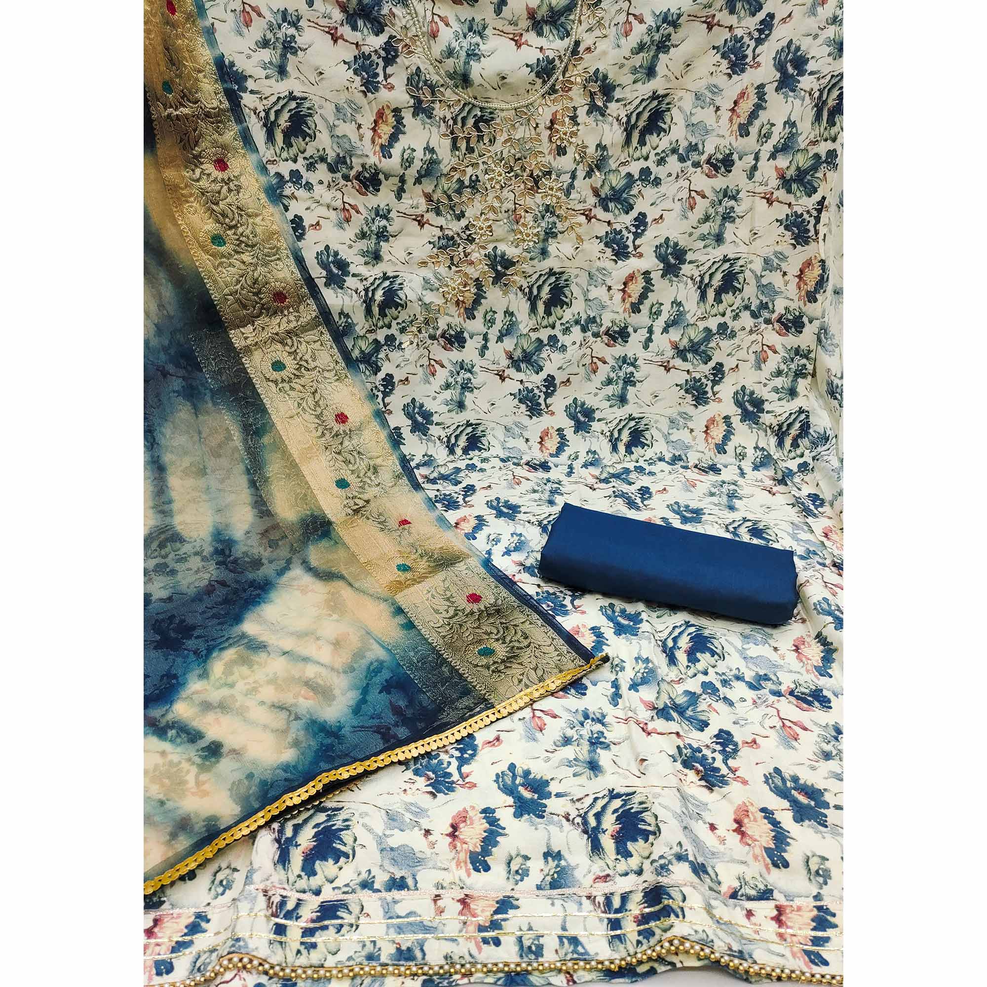 Blue Floral Printed With Handwork Pure Cotton Dress Material - Image 2