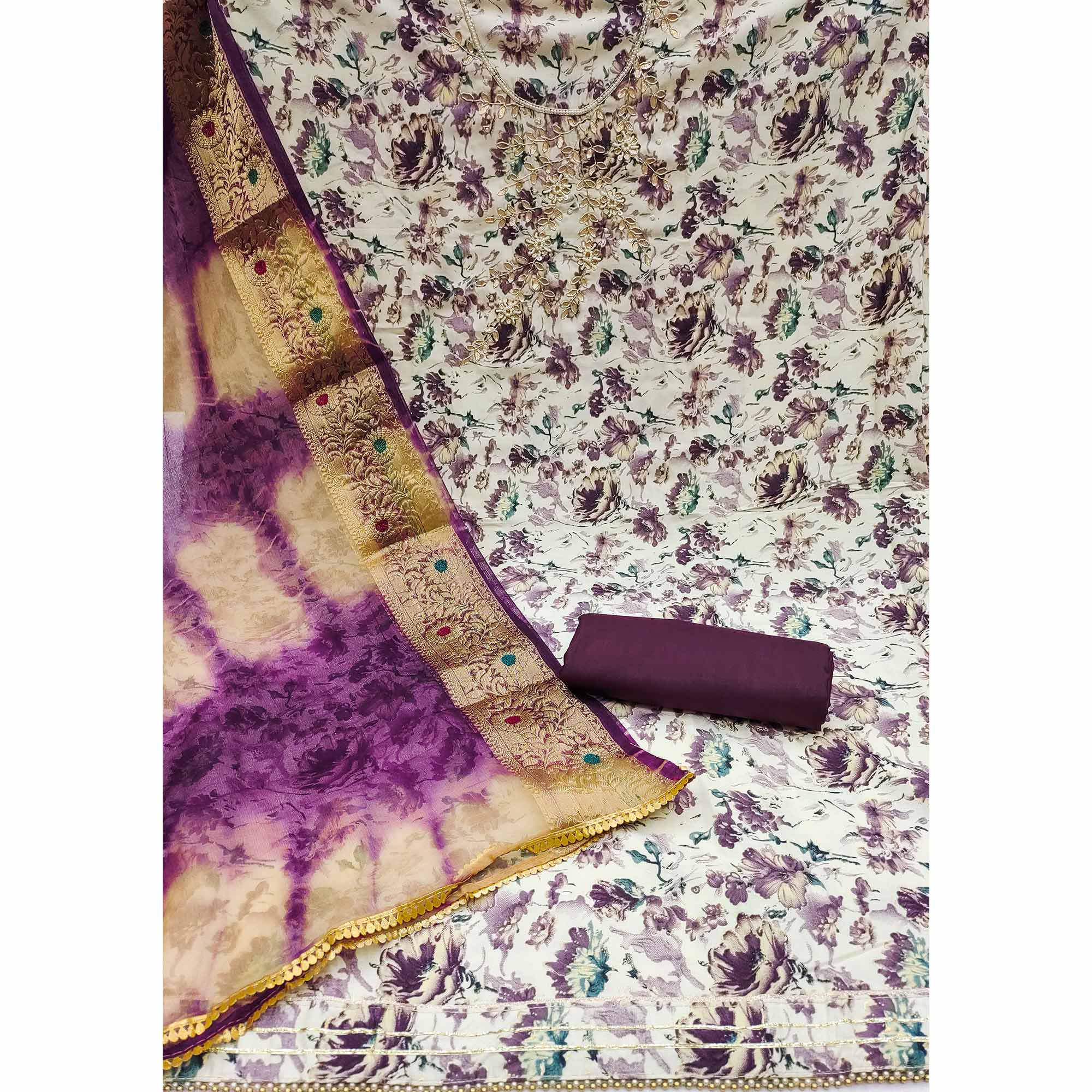 Purple Floral Printed With Handwork Pure Cotton Dress Material - Image 2