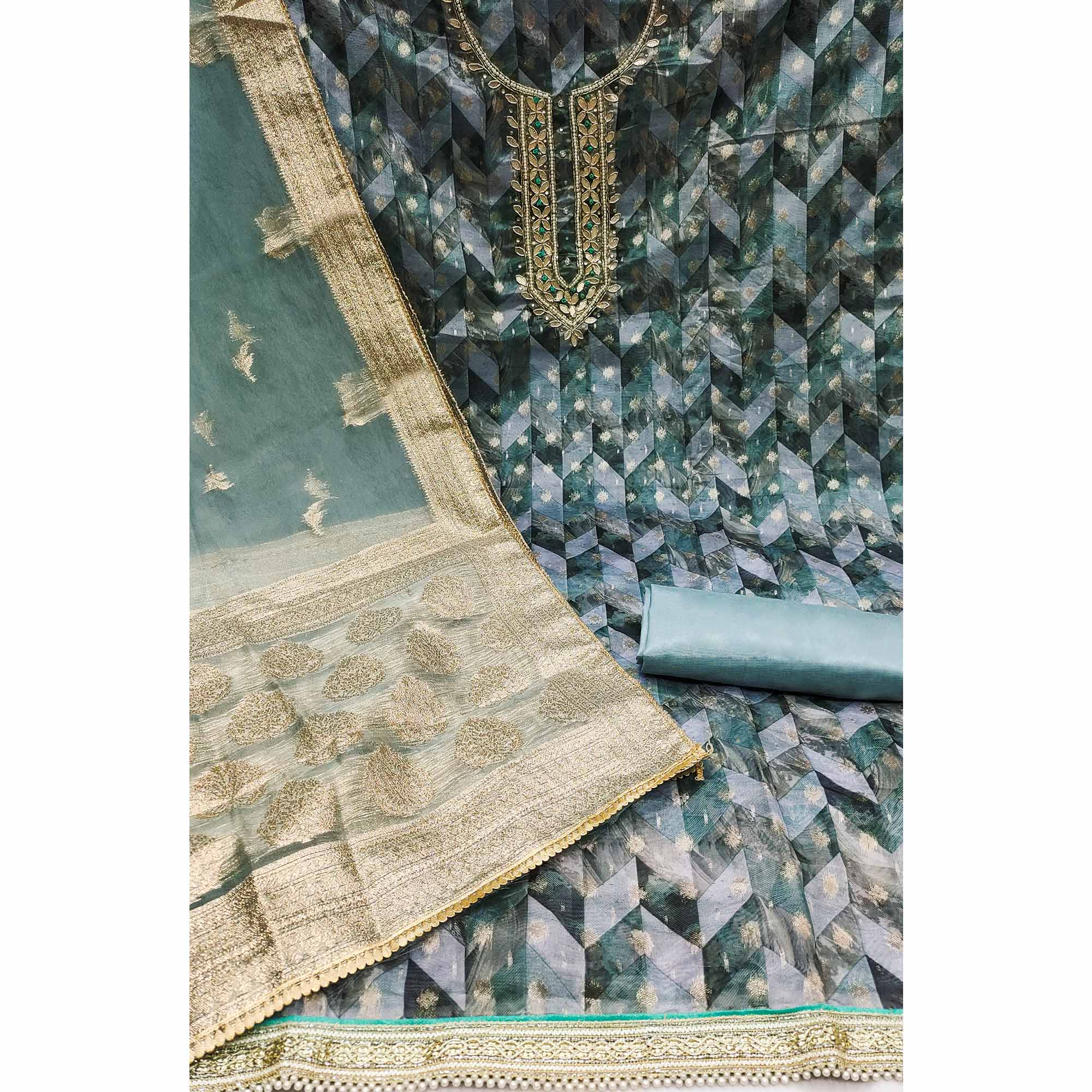 Blue Digital Printed With Woven Organza Dress Material - Image 2