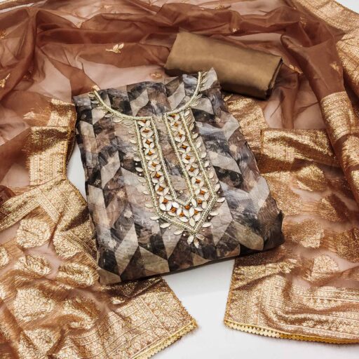 Brown Digital Printed With Woven Organza Dress Material