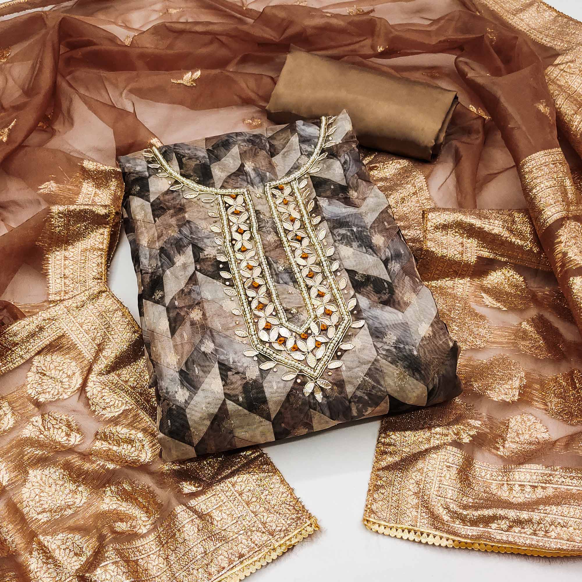 Brown Digital Printed With Woven Organza Dress Material
