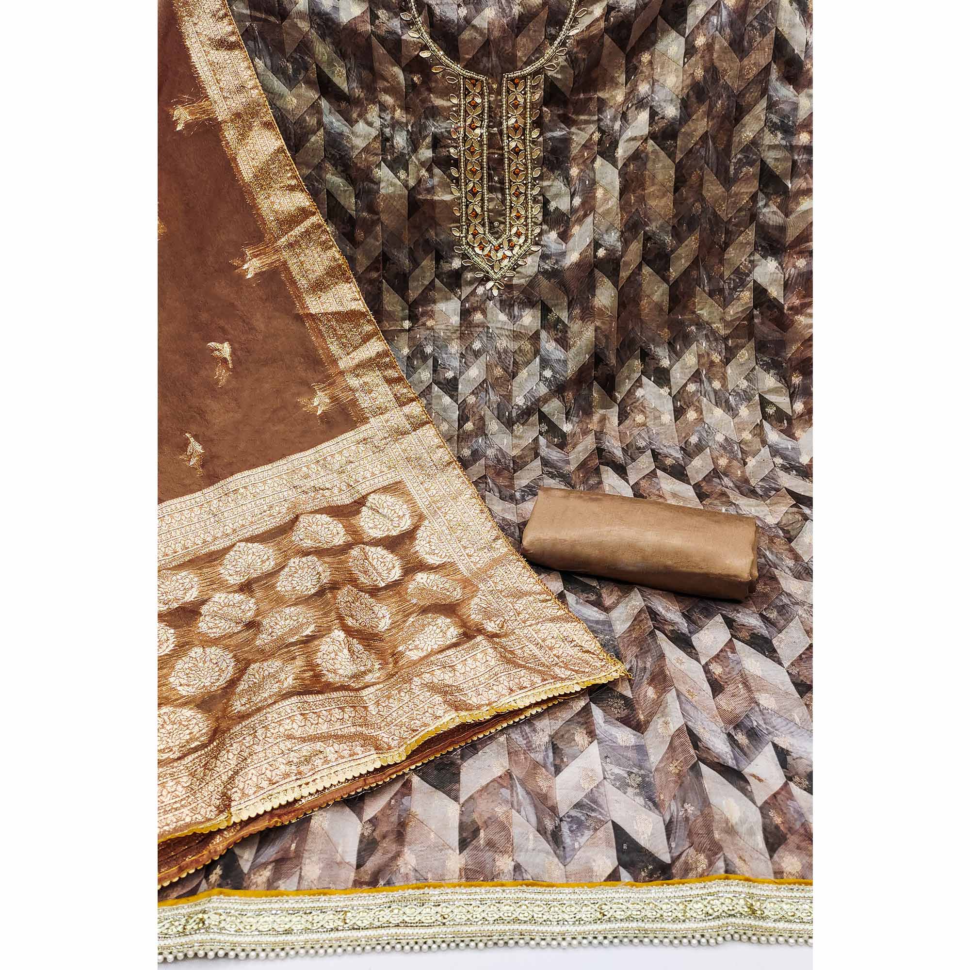 Brown Digital Printed With Woven Organza Dress Material - Image 2