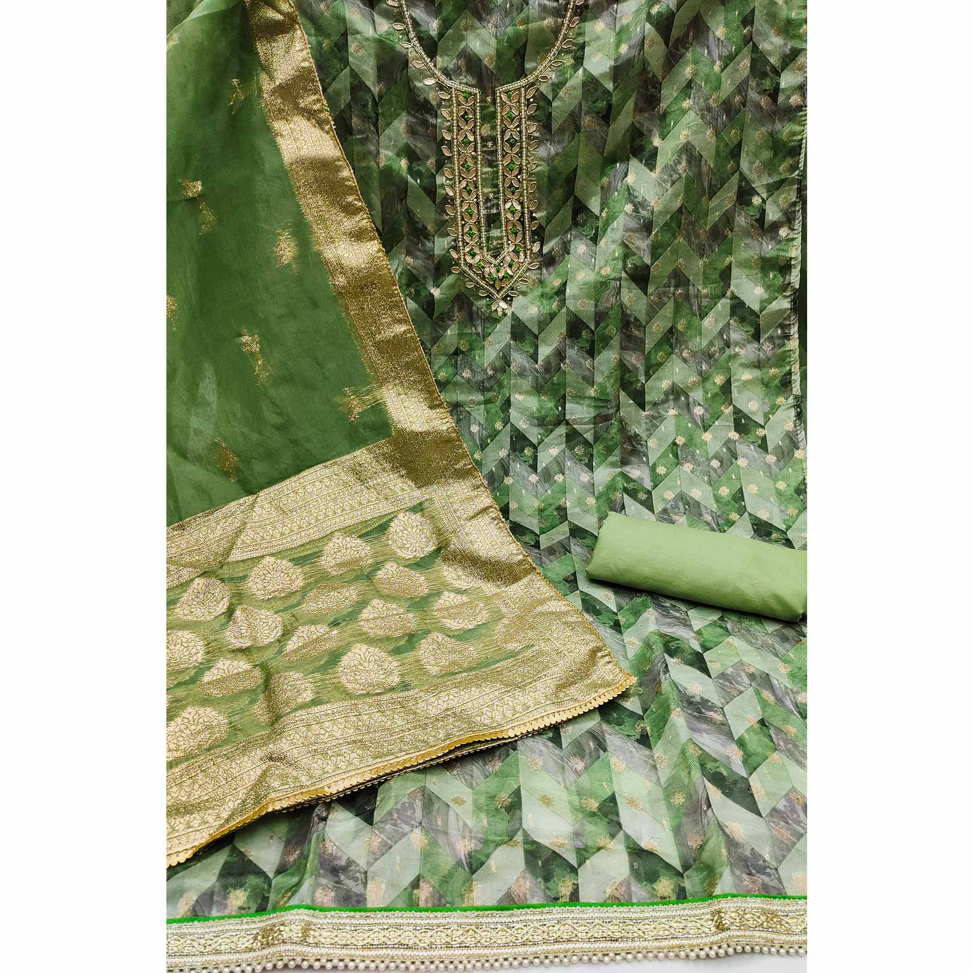 Green Digital Printed With Woven Organza Dress Material - Image 2