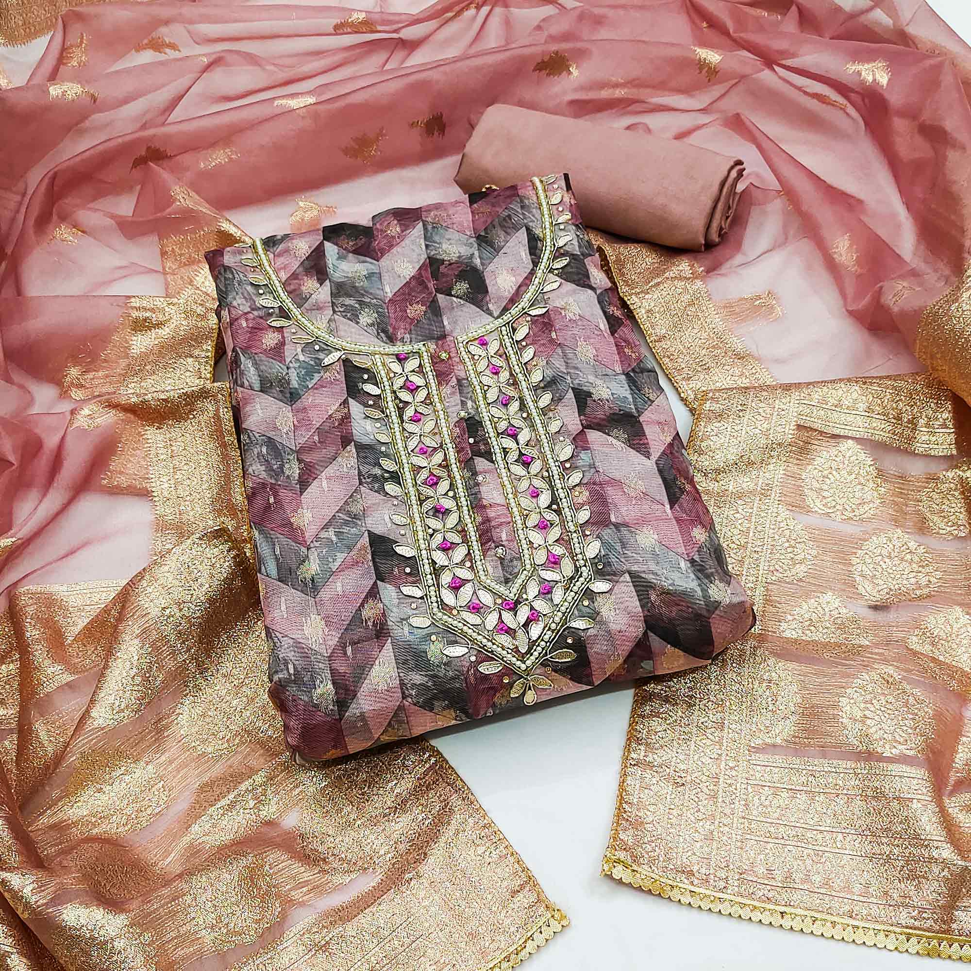 Mauve Digital Printed With Woven Organza Dress Material