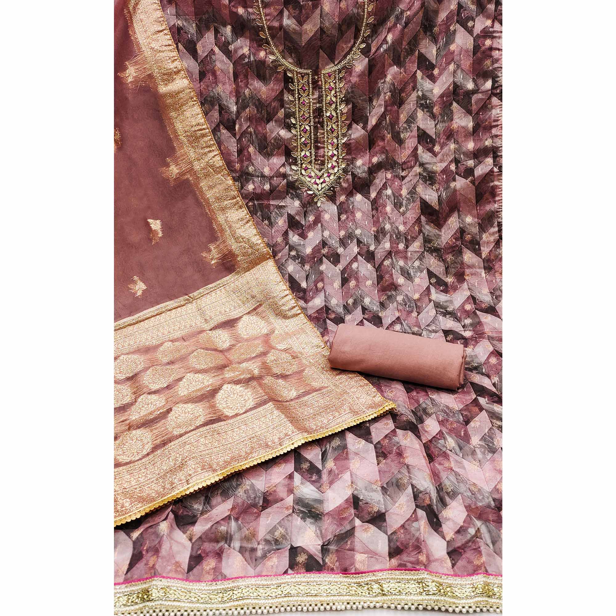 Mauve Digital Printed With Woven Organza Dress Material - Image 2