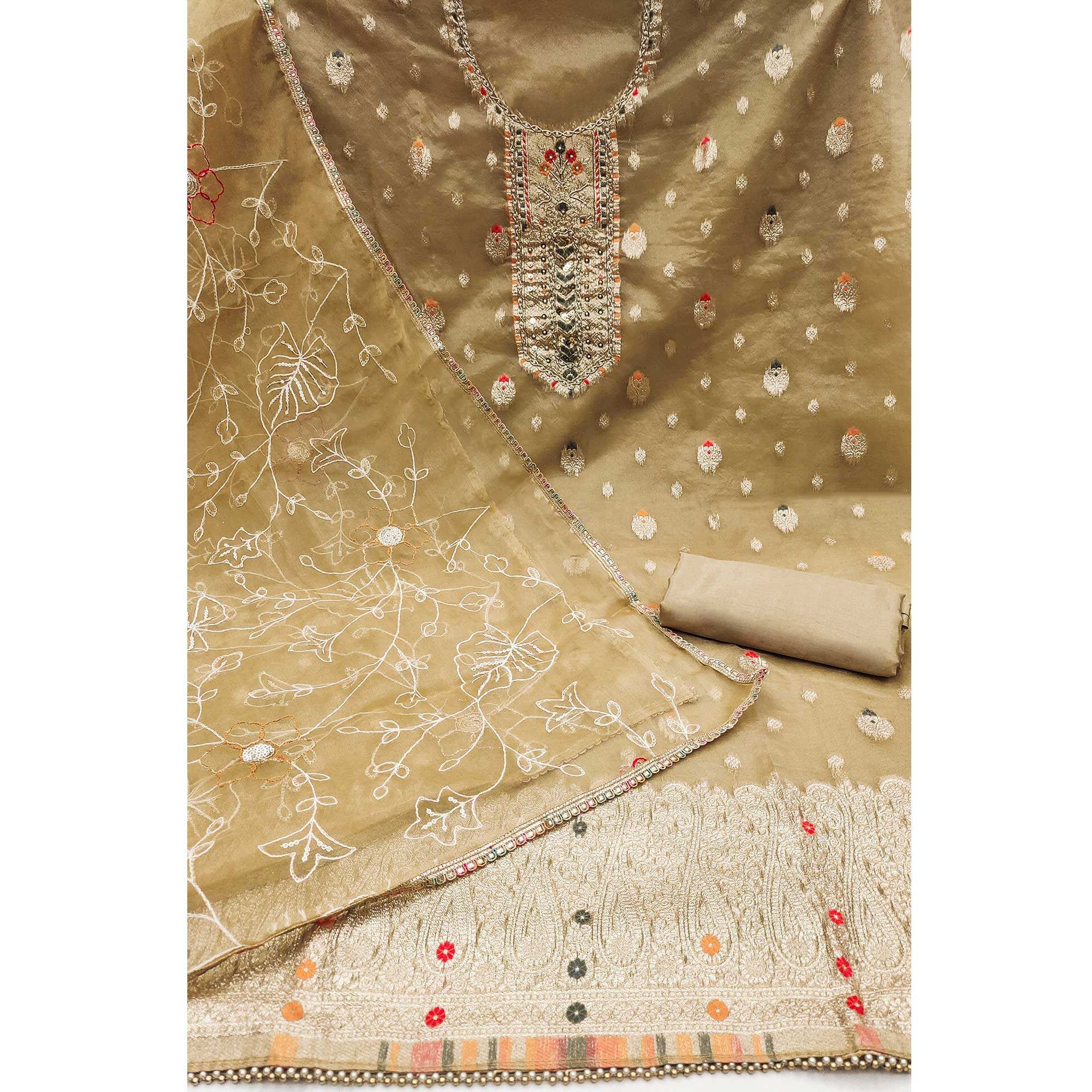 Beige Woven With Handwork Organza Dress Material - Image 2