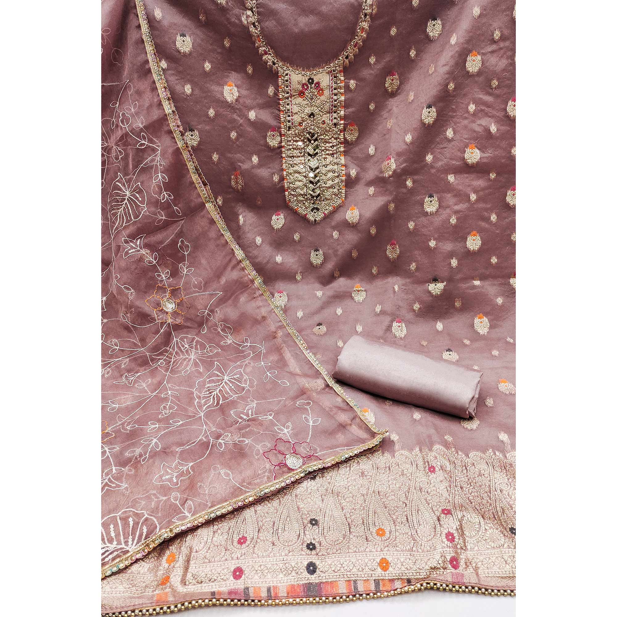 Mauve Woven With Handwork Organza Dress Material - Image 2