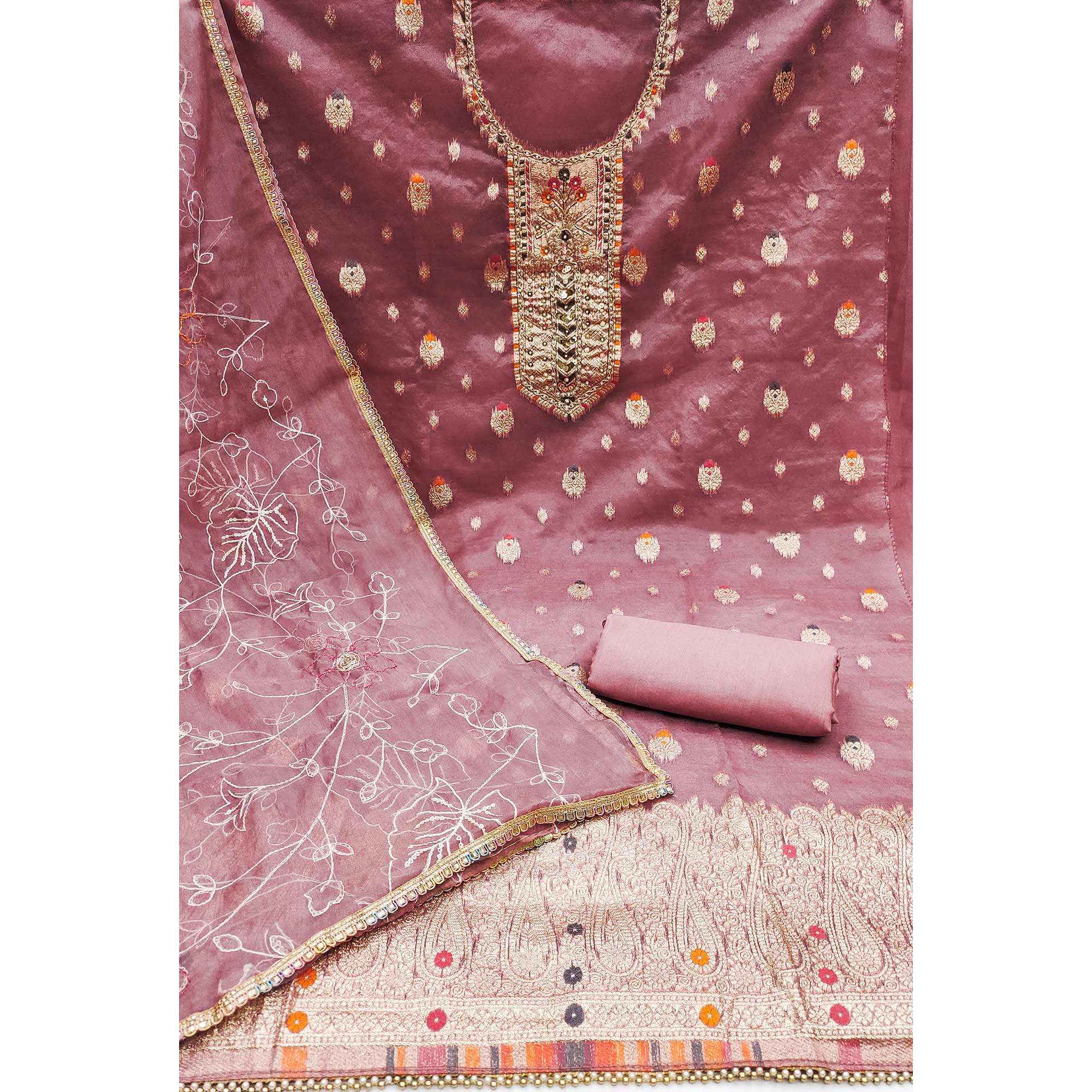 Pink Woven With Handwork Organza Dress Material - Image 2