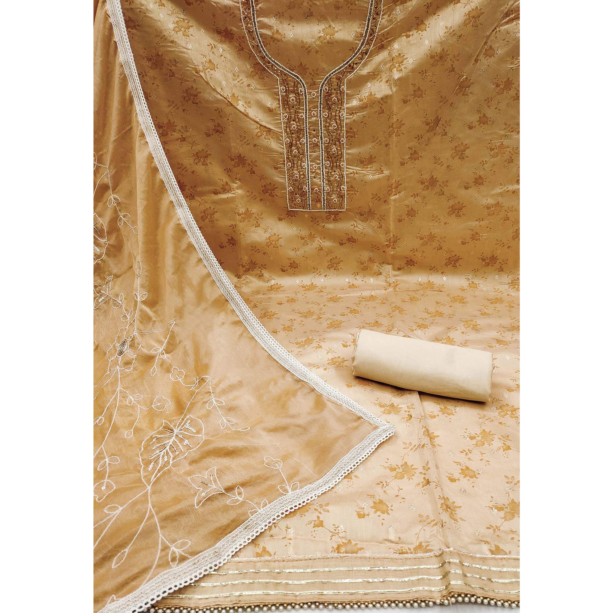 Chikoo Digital Printed With Woven Chanderi Silk Dress Material - Image 2