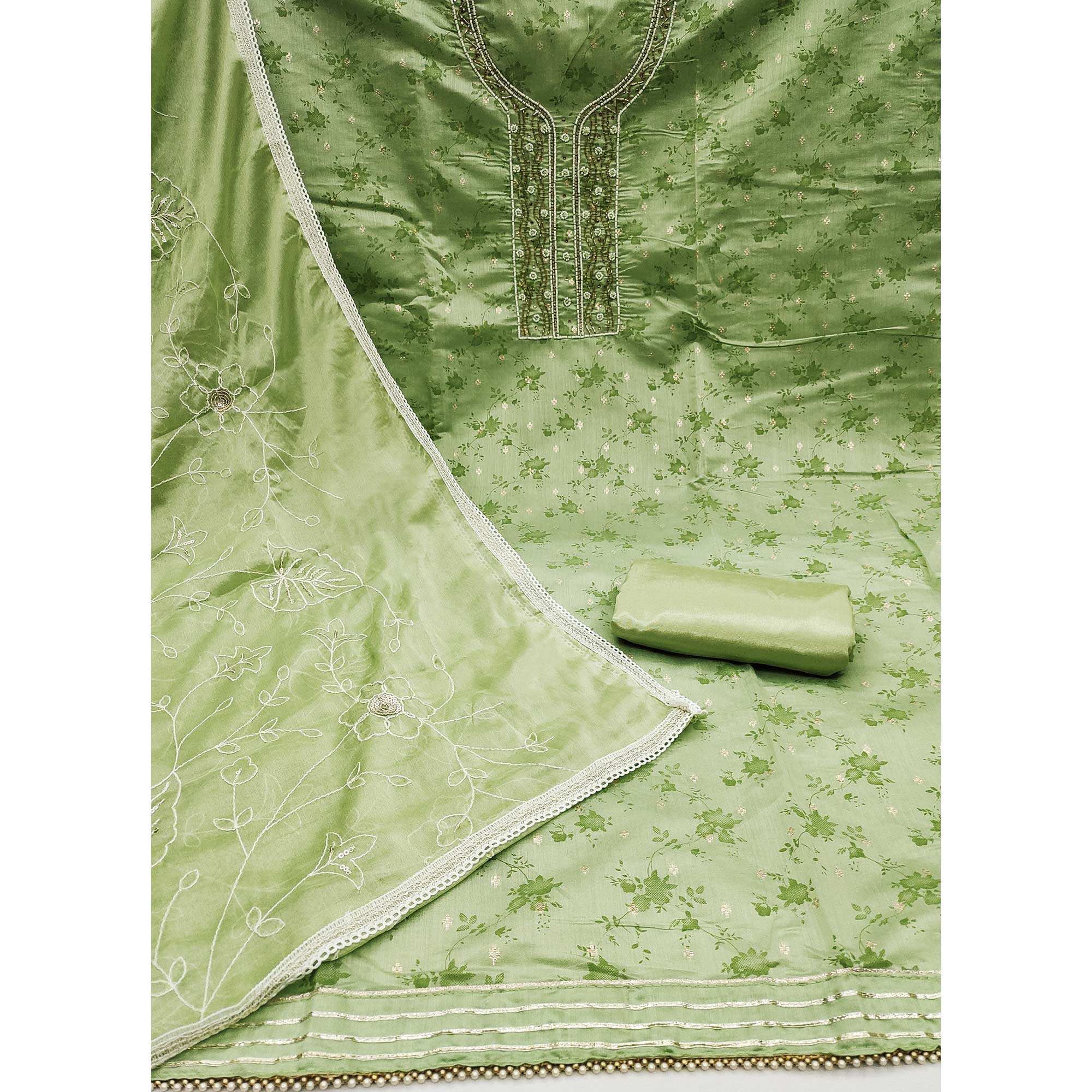 Green Digital Printed With Woven Chanderi Silk Dress Material - Image 2