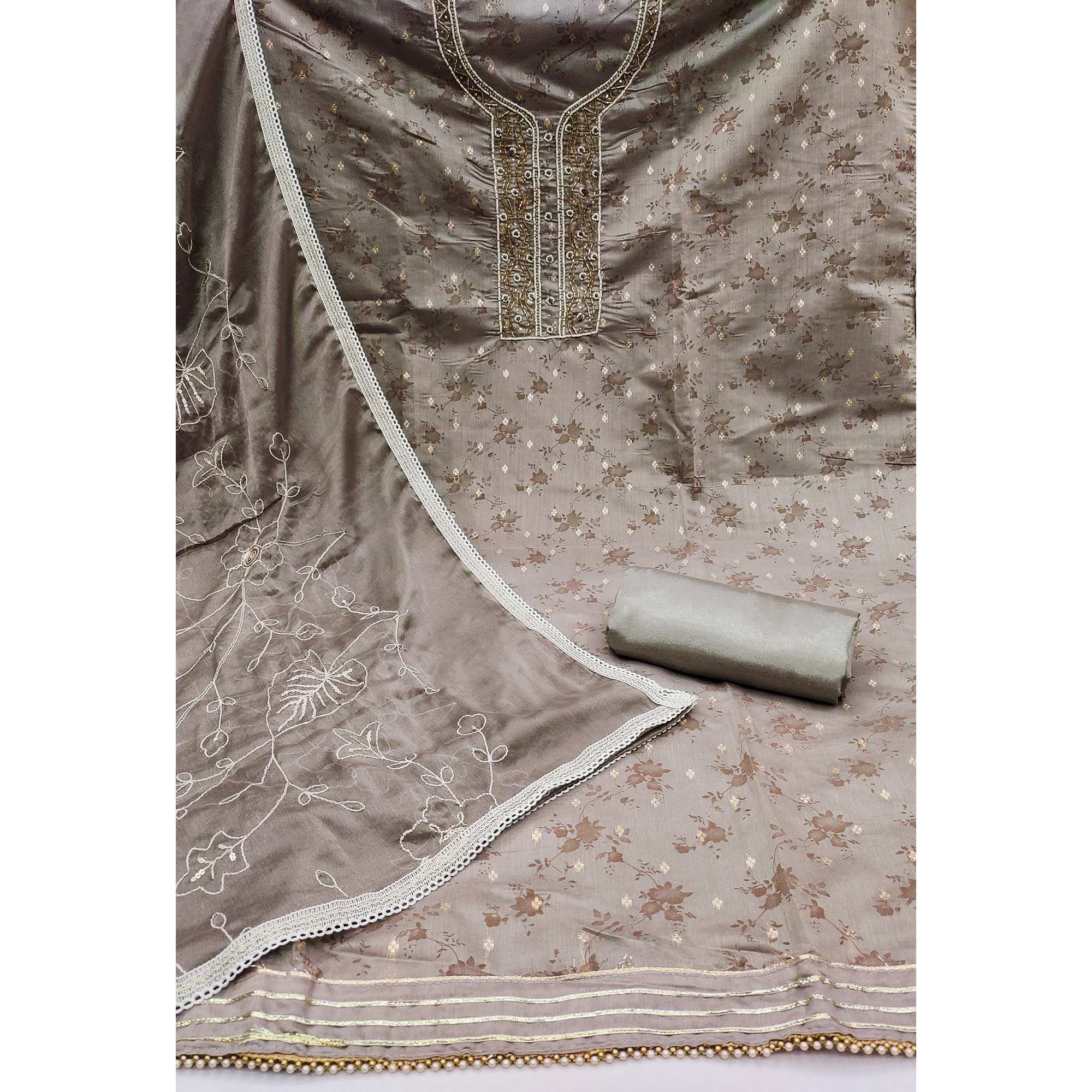 Grey Digital Printed With Woven Chanderi Silk Dress Material - Image 2