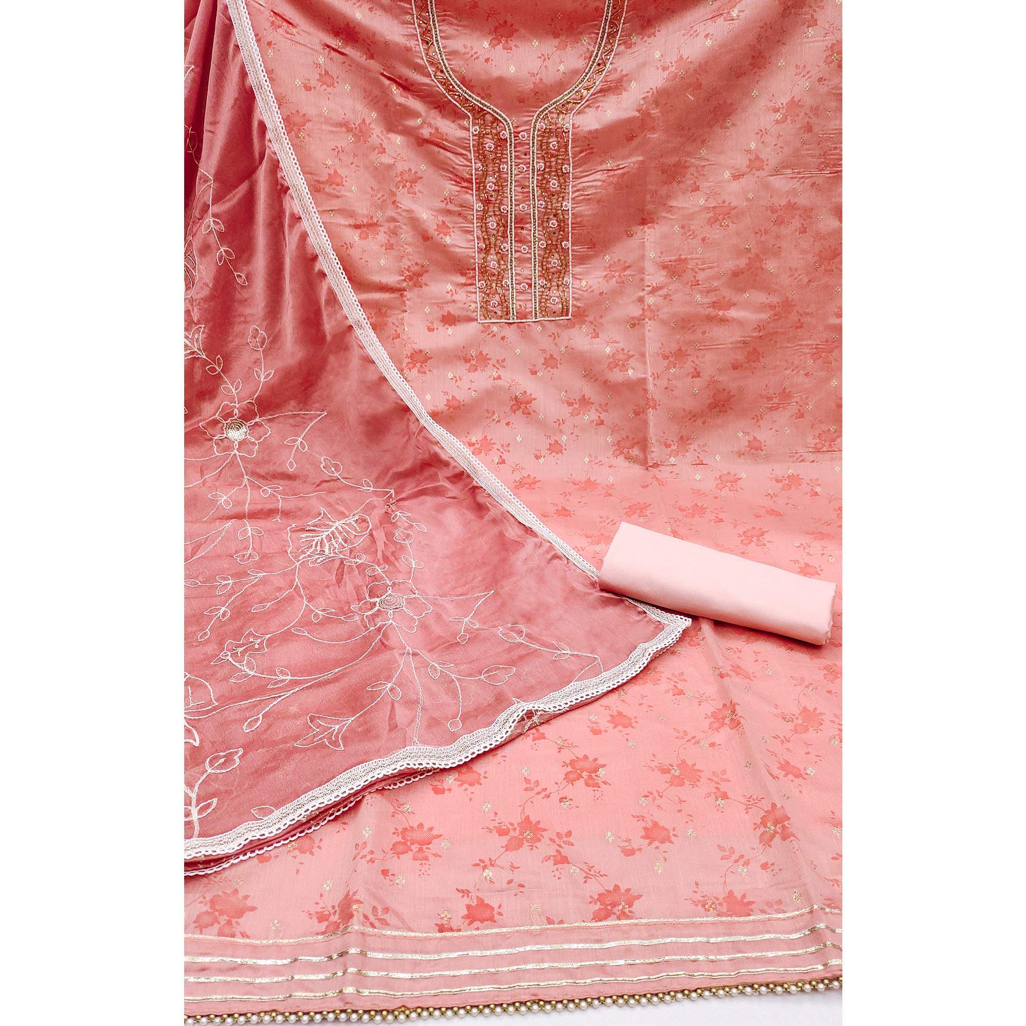 Peach Digital Printed With Woven Chanderi Silk Dress Material - Image 2