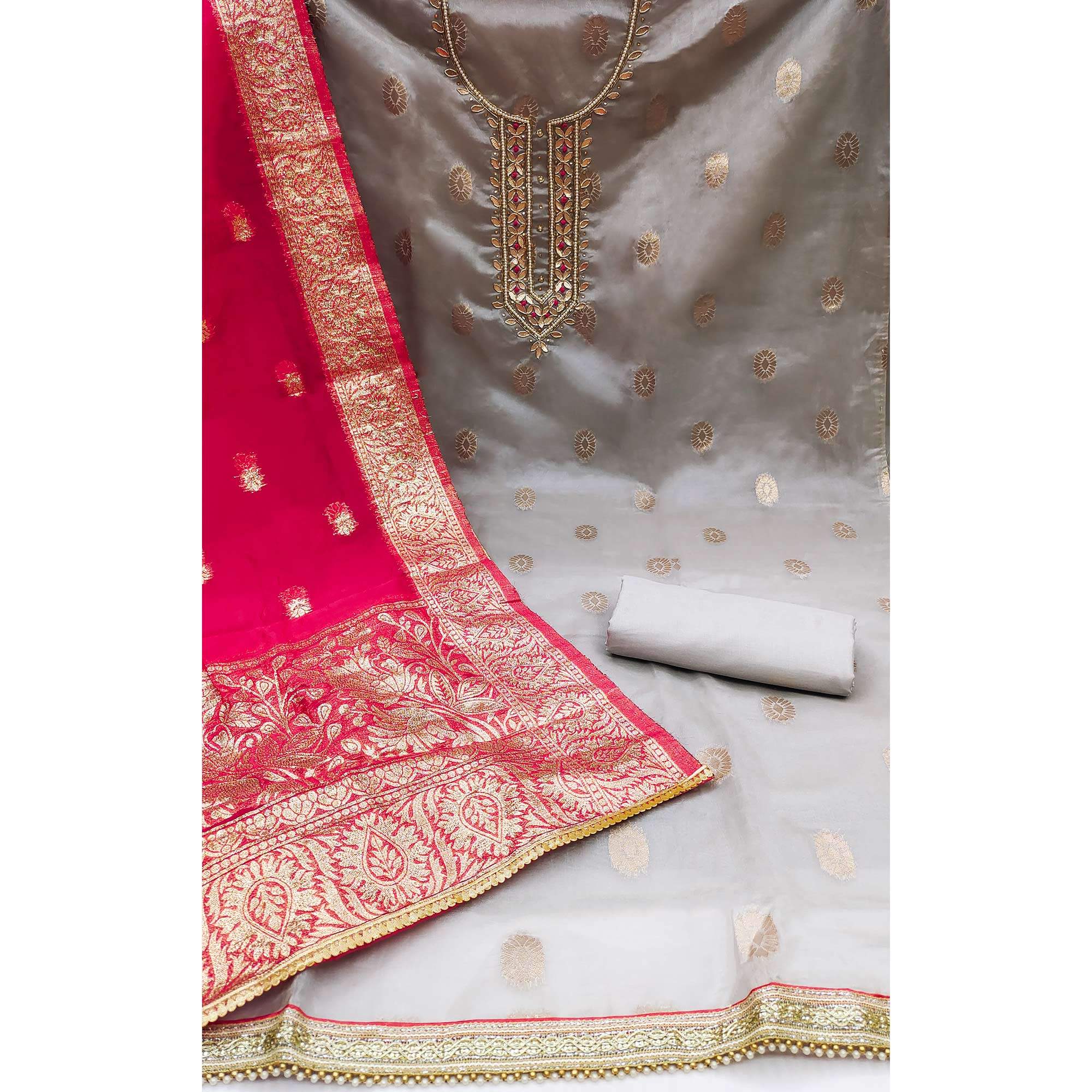 Grey Woven With Handwork Organza Dress Material - Image 2