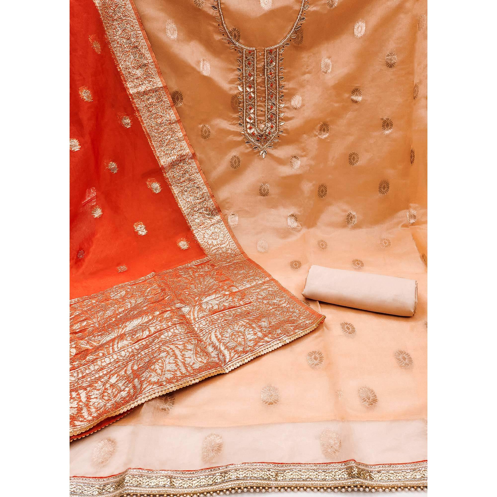 Peach Woven With Handwork Organza Dress Material - Image 2