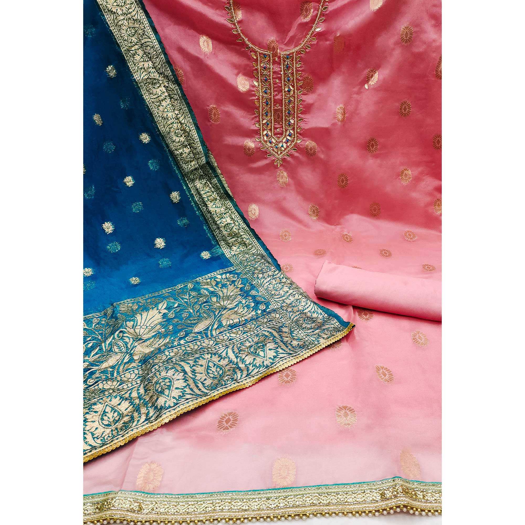 Pink Woven With Handwork Organza Dress Material - Image 2