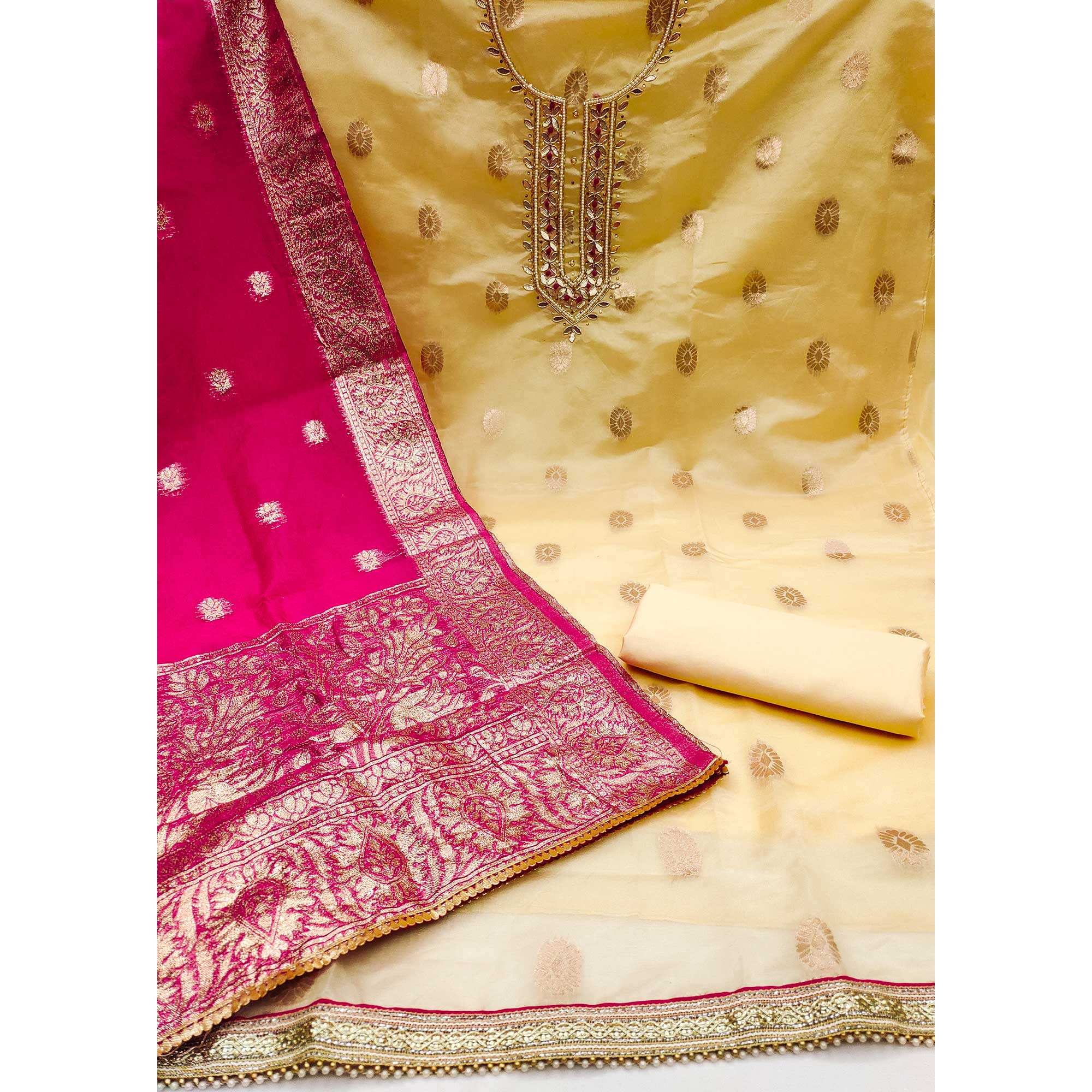 Yellow Woven With Handwork Organza Dress Material - Image 2