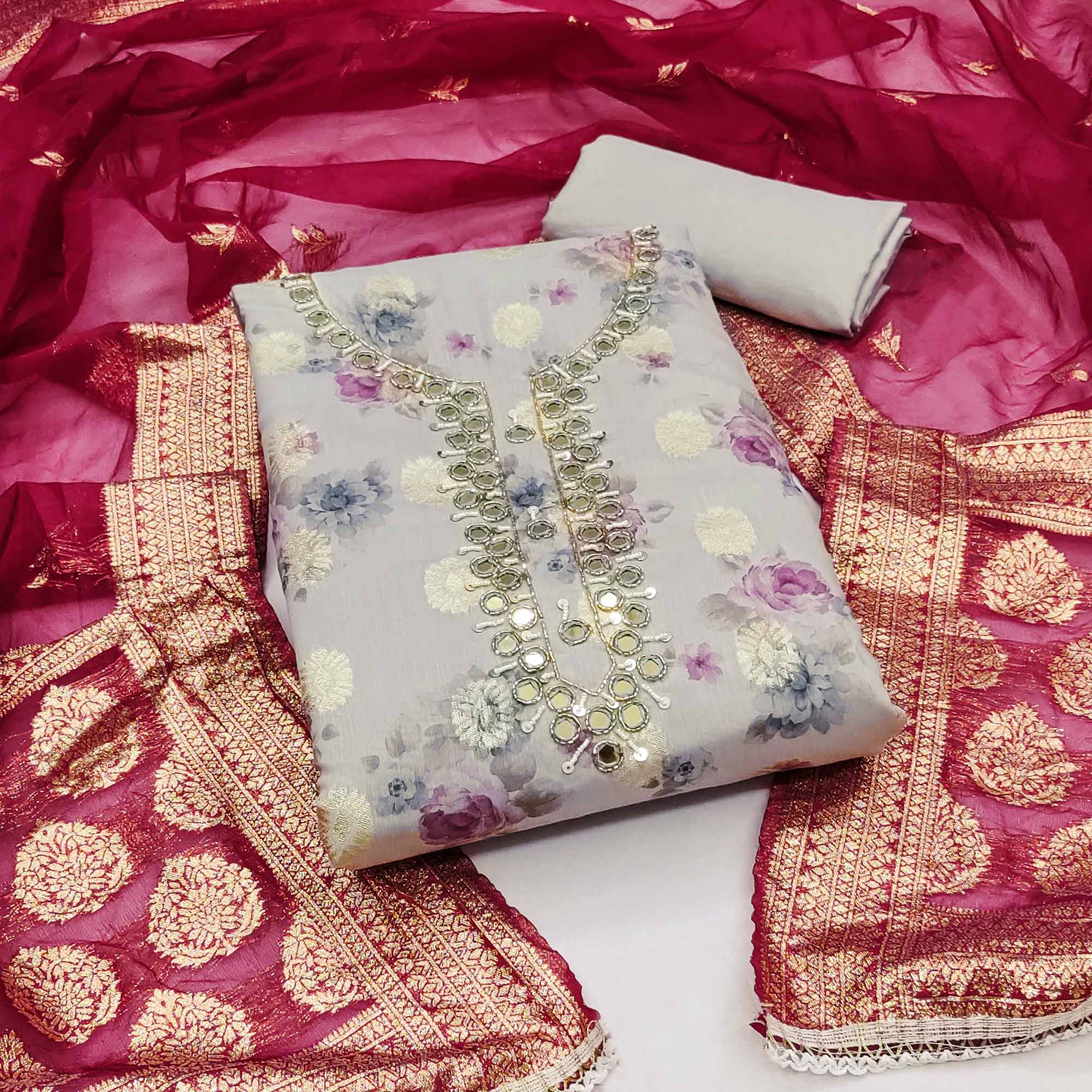 Grey Woven With Digital Printed Chanderi Silk Dress Material