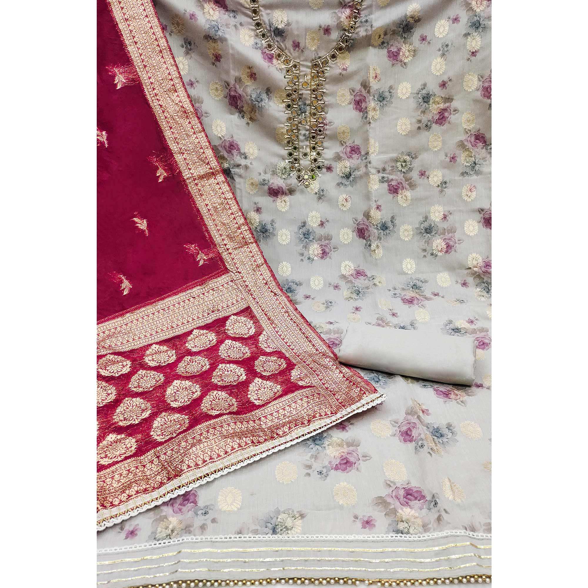 Grey Woven With Digital Printed Chanderi Silk Dress Material - Image 2
