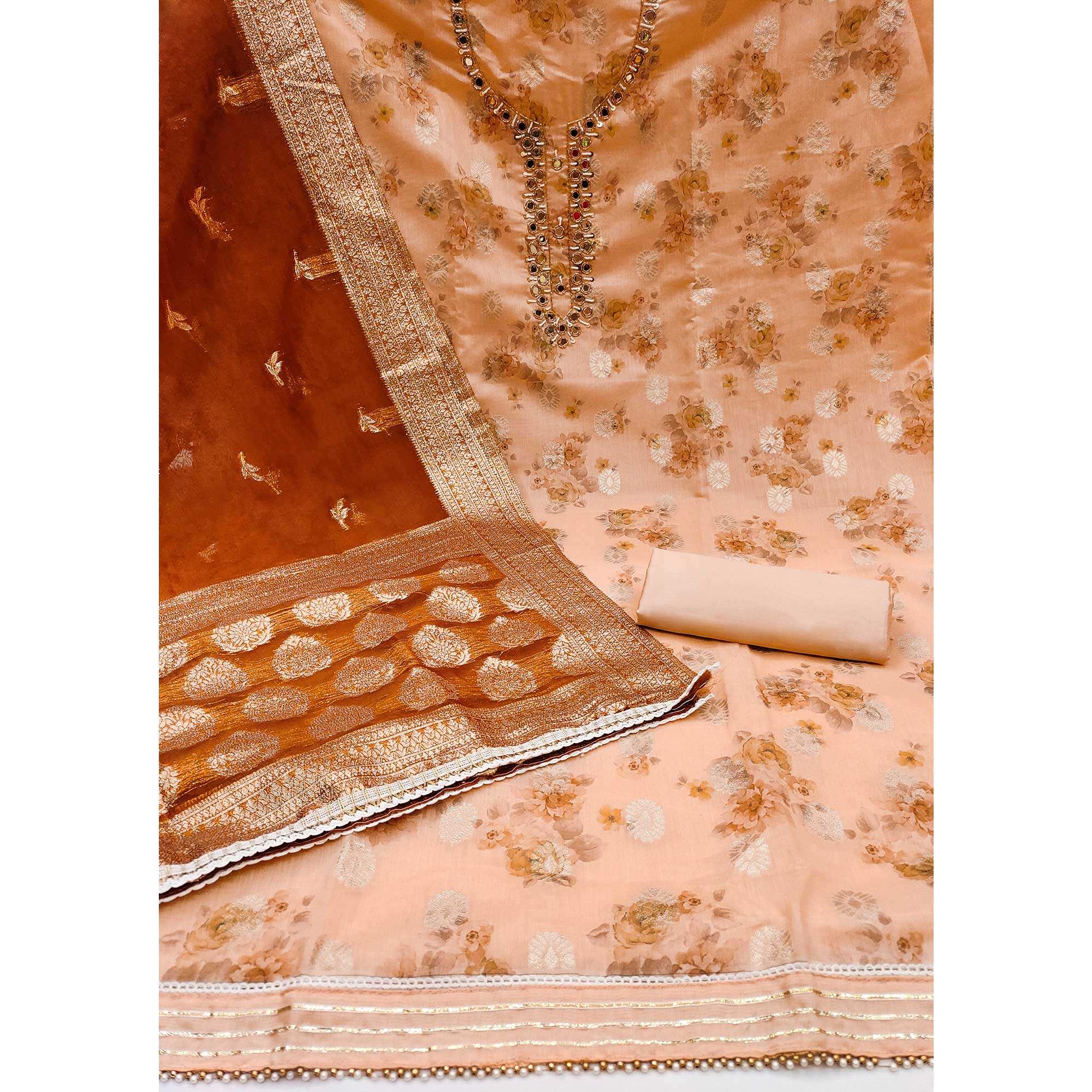Peach Woven With Digital Printed Chanderi Silk Dress Material - Image 2