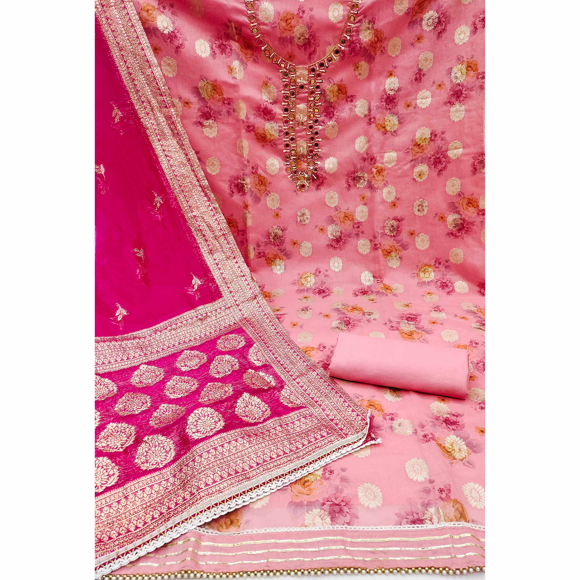 Pink Woven With Digital Printed Chanderi Silk Dress Material - Image 2