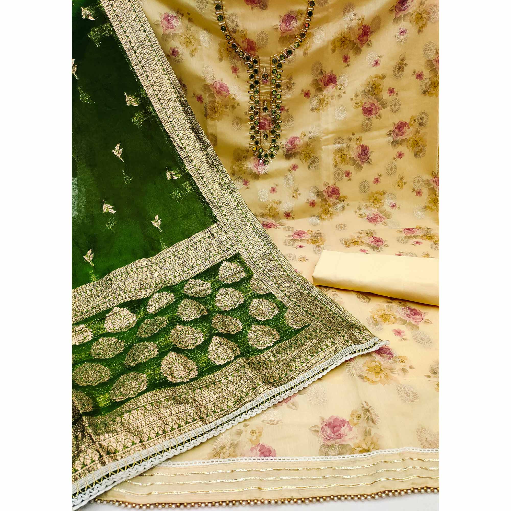 Yellow Woven With Digital Printed Chanderi Silk Dress Material - Image 2