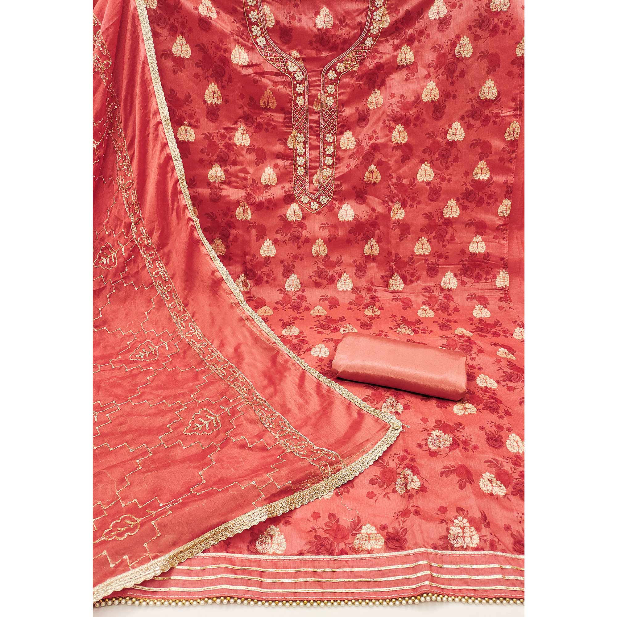 Peach Floral Printed Chanderi Silk Dress Material - Image 2