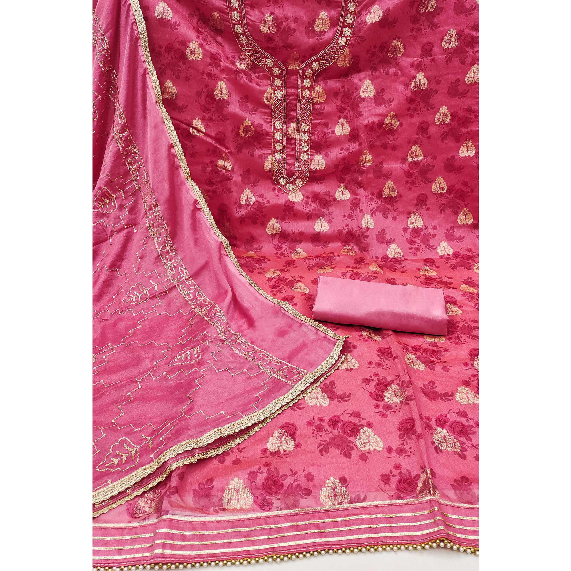 Pink Floral Printed Chanderi Silk Dress Material - Image 2
