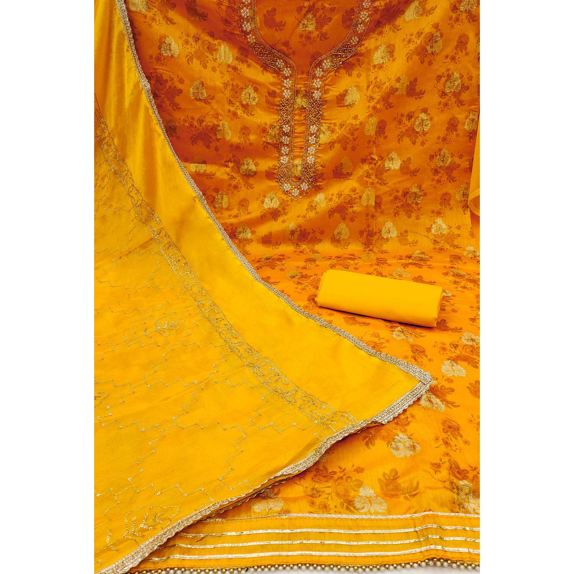 Yellow Floral Printed Chanderi Silk Dress Material - Image 2