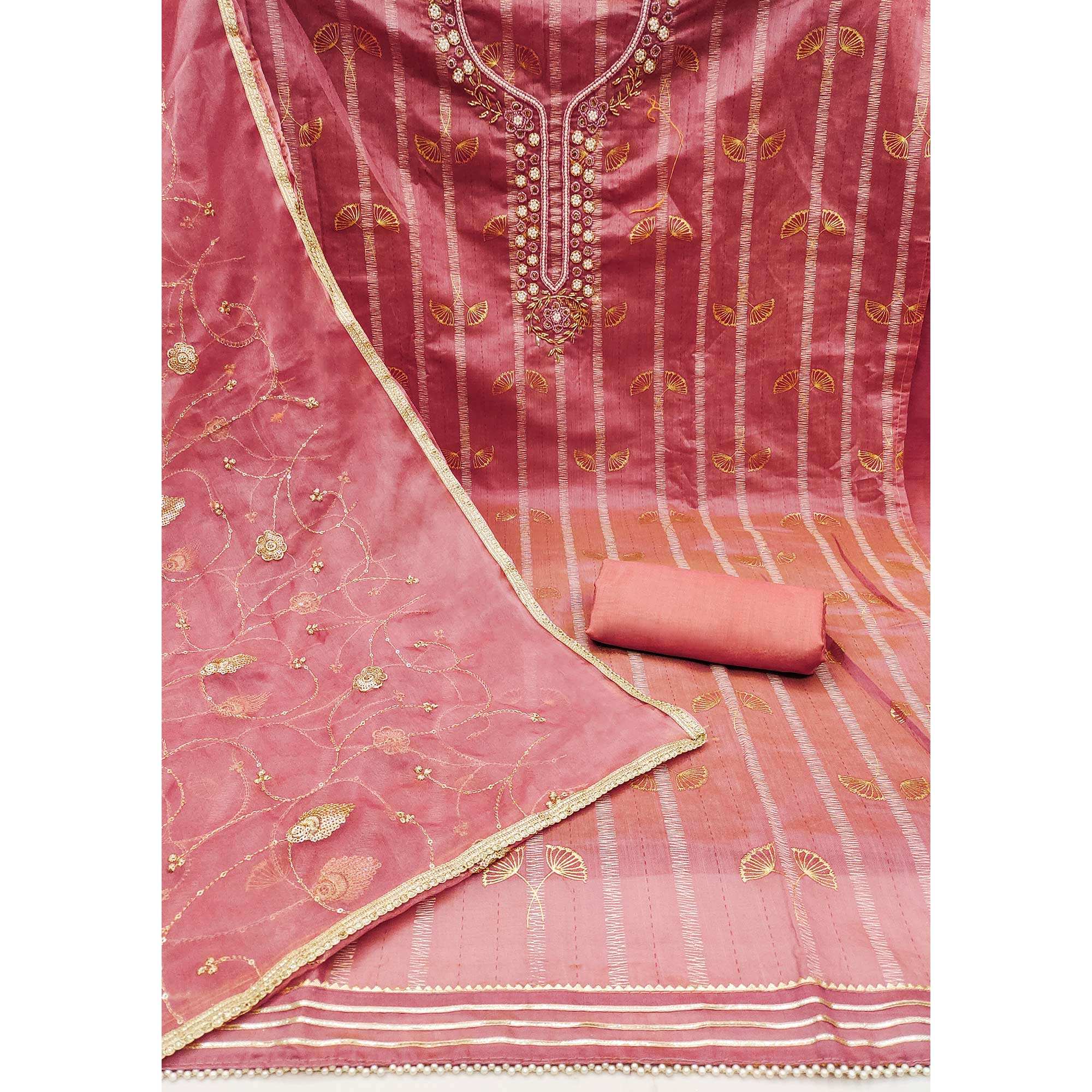 Gajri Pink Foil Printed Chanderi Silk Dress Material - Image 2